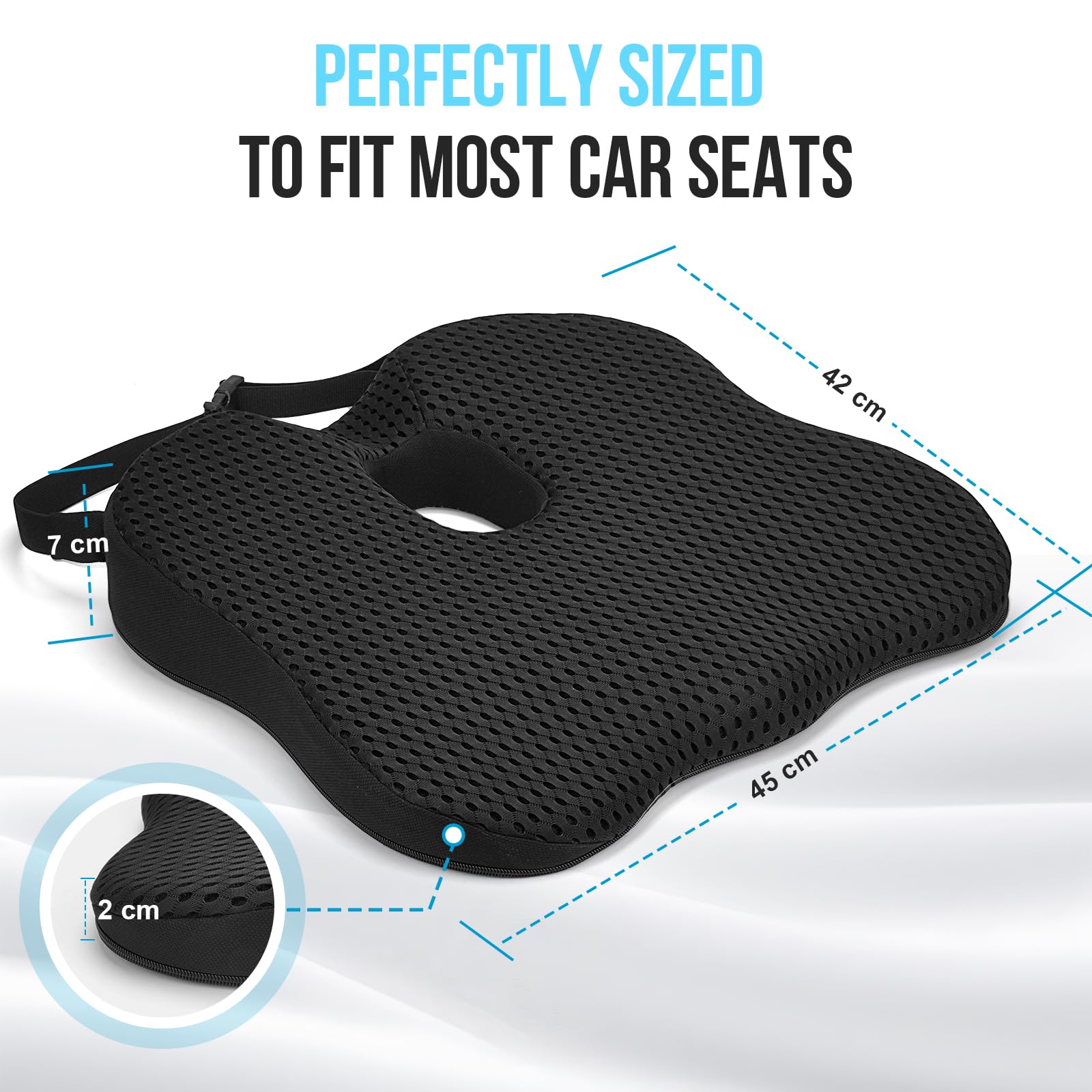 Cojín de Asiento para Coche – Cojín Elevador Ergonómico de Espuma Viscoelástica con Base Antideslizante y Correa Ajustable – Cojin Coche Conductor para Automóvil, Camión, Vehículo