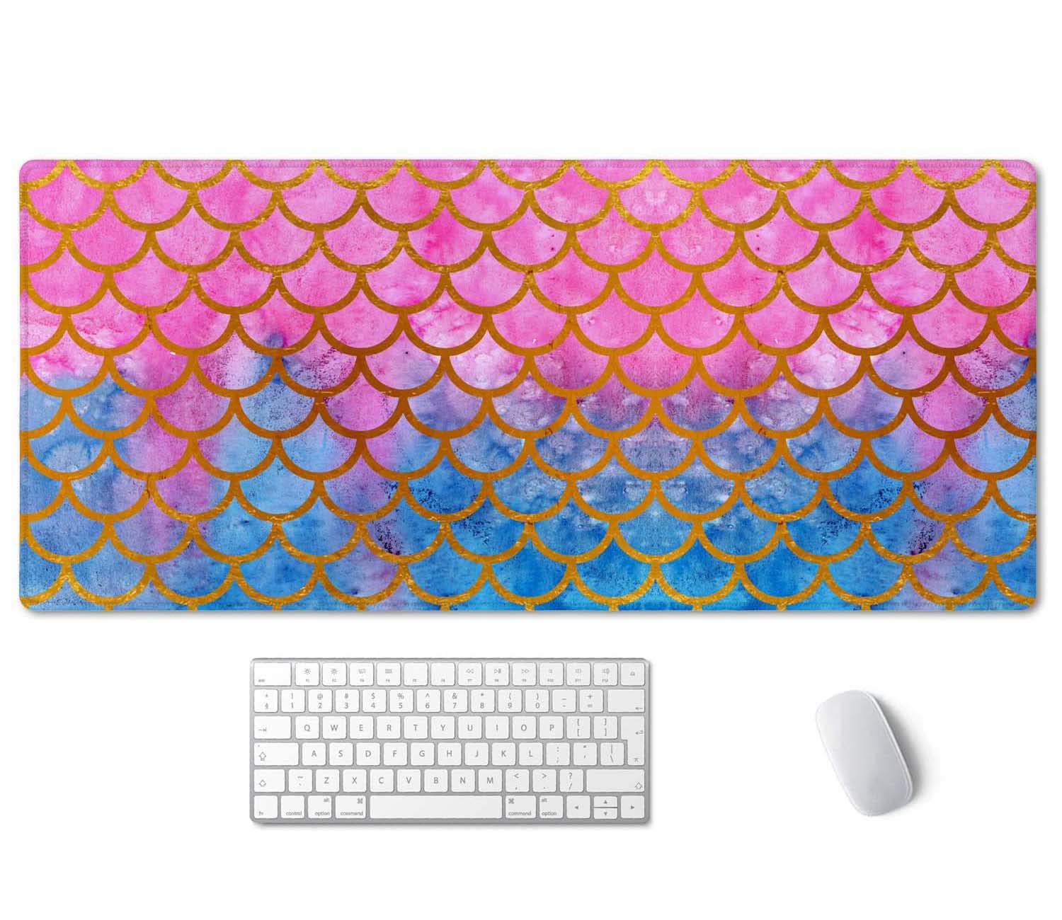 SSOIU Desk Mat,Large Mouse Pad 35.5" x 15.7" XXL Extended Gaming Mouse Pad Mat with Non-Slip Base Stitched Edge Mousepad for Computer,Office,Keyboard and Laptop - Watercolor Mermaid Scales Design
