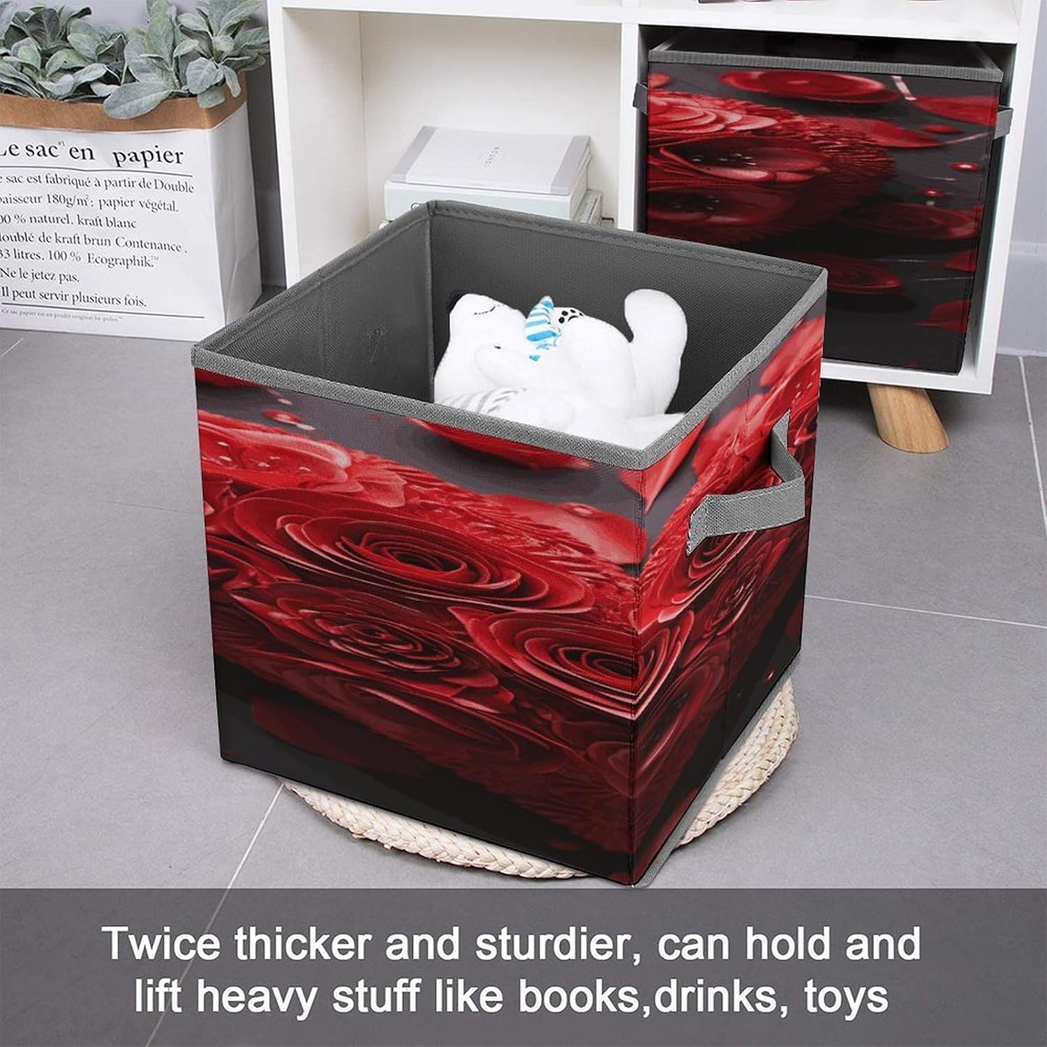 Red Rose Love Heart Fabric Bins Storage Basket Square Baskets | Storage Bin with Double Handles,Cube Collapsible Organizers for Organization,Closet,Shelves,Offices