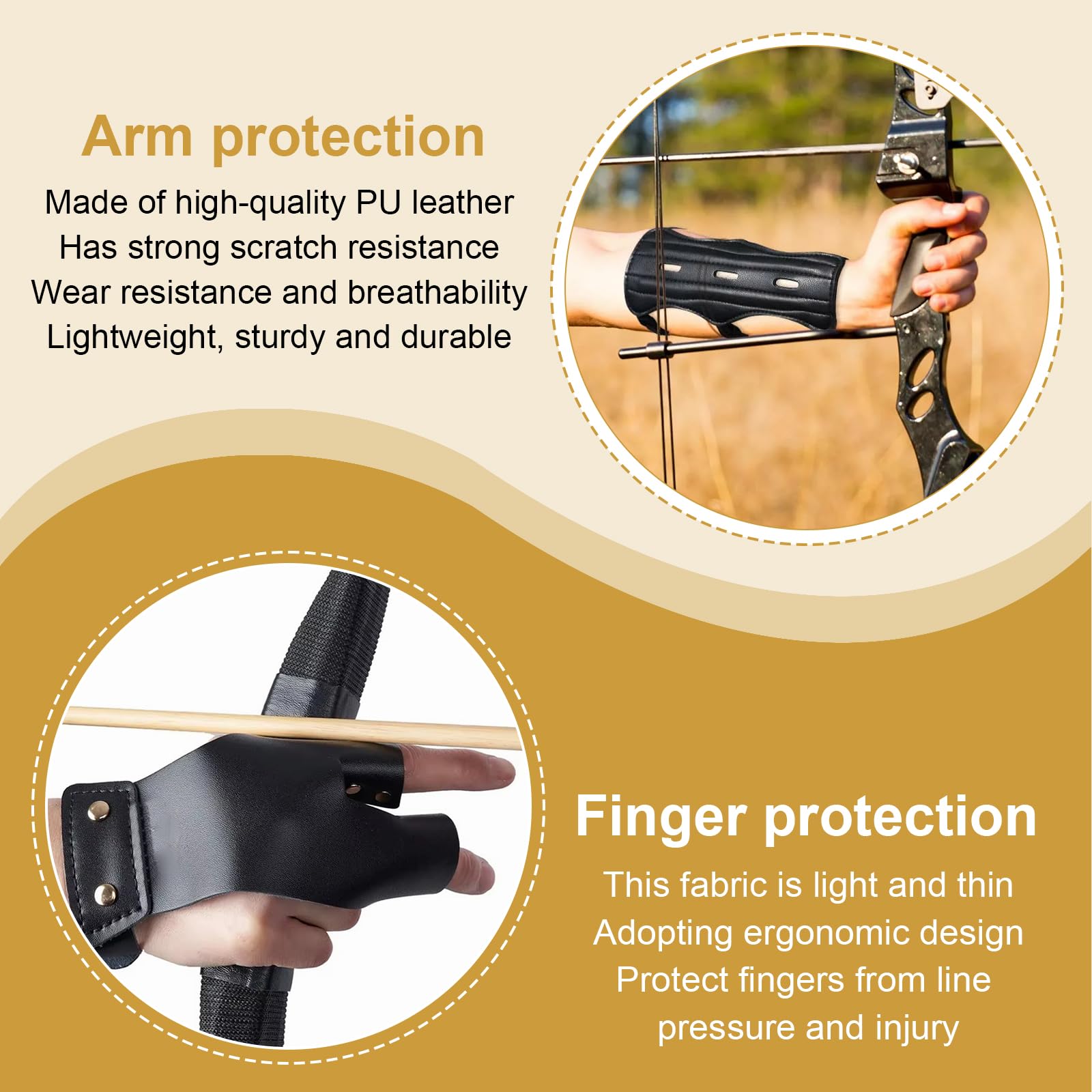 Set Protège Bras de ​Tir à l'arc en Cuir PU Garde de Bras de tir à l'arc Noir Protection d'avant-Bras avec Sangles Réglable et Cuir Protège Doigts pour Arc Classique Arc Composé