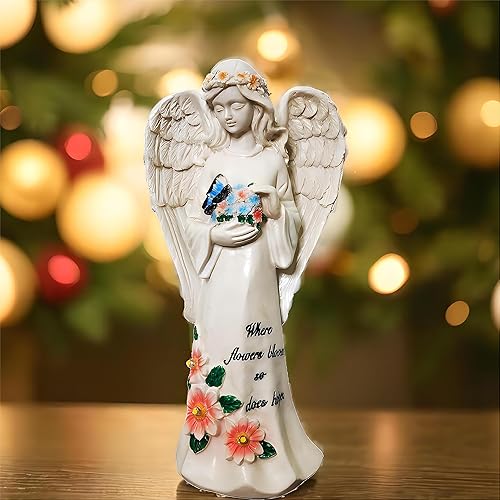 QH & Garden Estatua de jardín de ángel solar con 5 LED, figura de resina impermeable para decoración al aire libre, regalo ideal para decoración de
