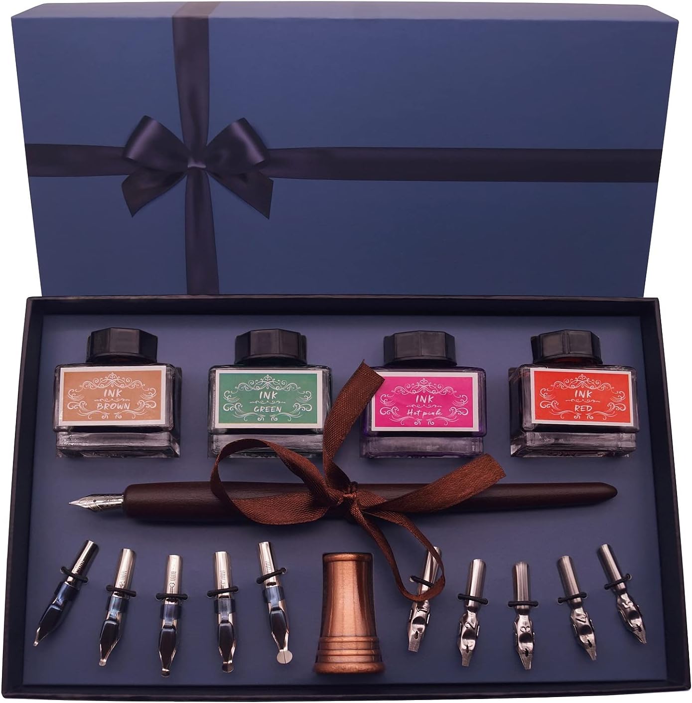 Plotube Calligraphy Pen Set - Includes Wooden Dip Pen, Antique Brass Holder, 11 Nibs, 4 Ink Bottle and Beginner's Manual