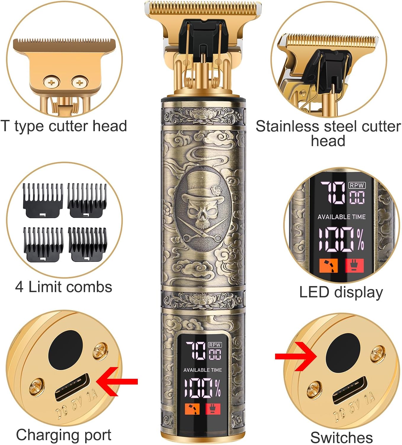 candyfouse Professional Beard Trimmer for Men, Hair Clippers with 4 Limit Combs, Cordless Rechargeable with LCD Display, Approaching Zero Gapped Cutting Grooming Kit