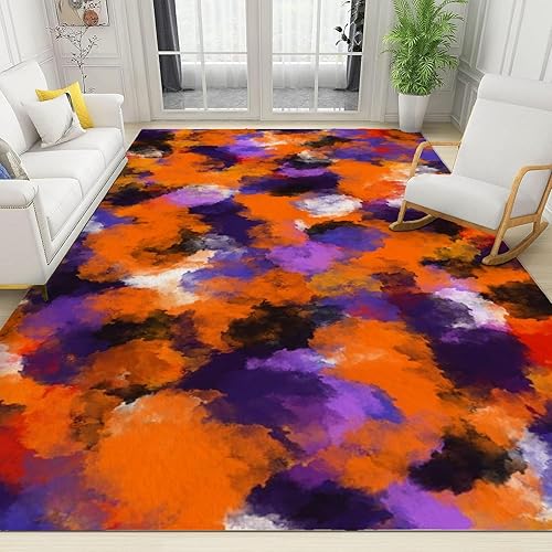 Retro 70S Orange and Purple Tie-Dye Soft Rugs 4x6ft Abstract Funky Washable Rug with Non-Slip Backing Low-Pile Carpet for Living Room Bedroom Dining