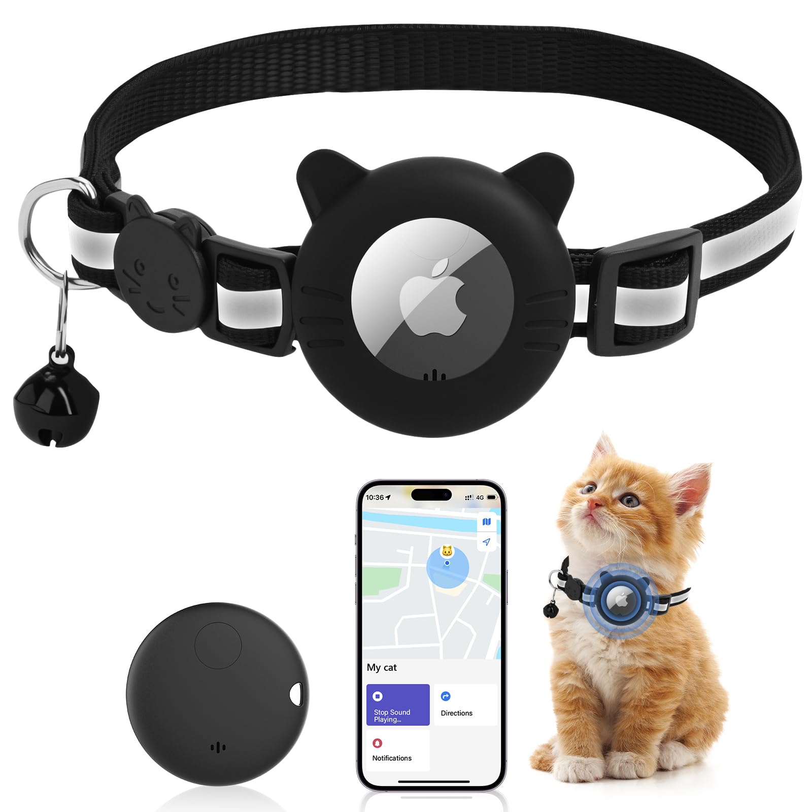 Robofun Collar para gatos, rastreador reflectante, gato, con campana, personalizado compatible con Airtag con cierre de seguridad, 19-32 cm ajustable para gatos cachorros, negro