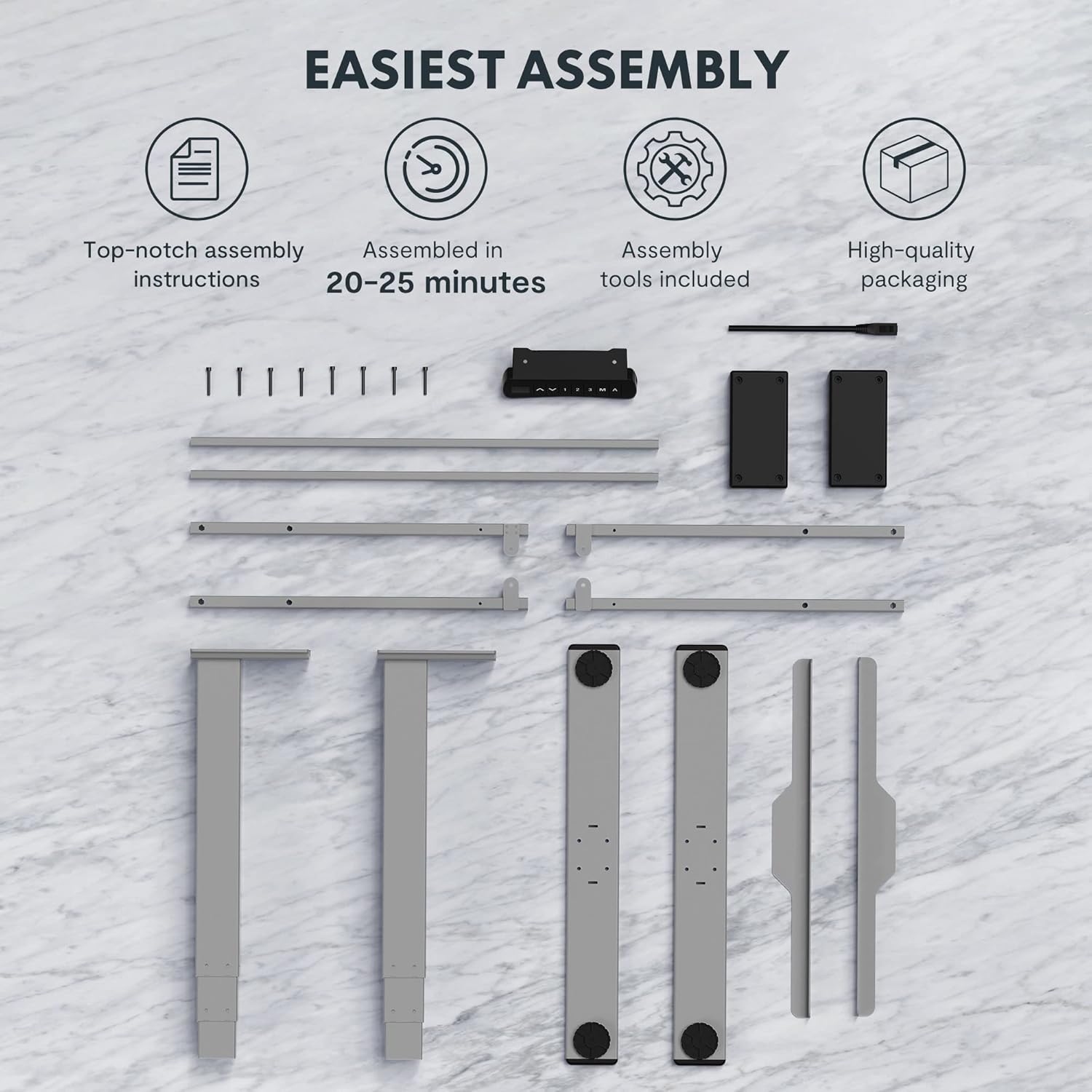 Image showing multiple color options for the desk top, and icons for FSC-certified, durable, and high-quality materials.
