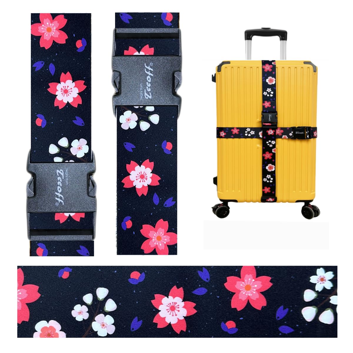 Teeoff Men's Luggage Straps Suitcase Belts Travel Bag Accessories Adjustable 220CM (Sakura Black Red - 2 Pack) Sakura Black Red -- 2 Pack
