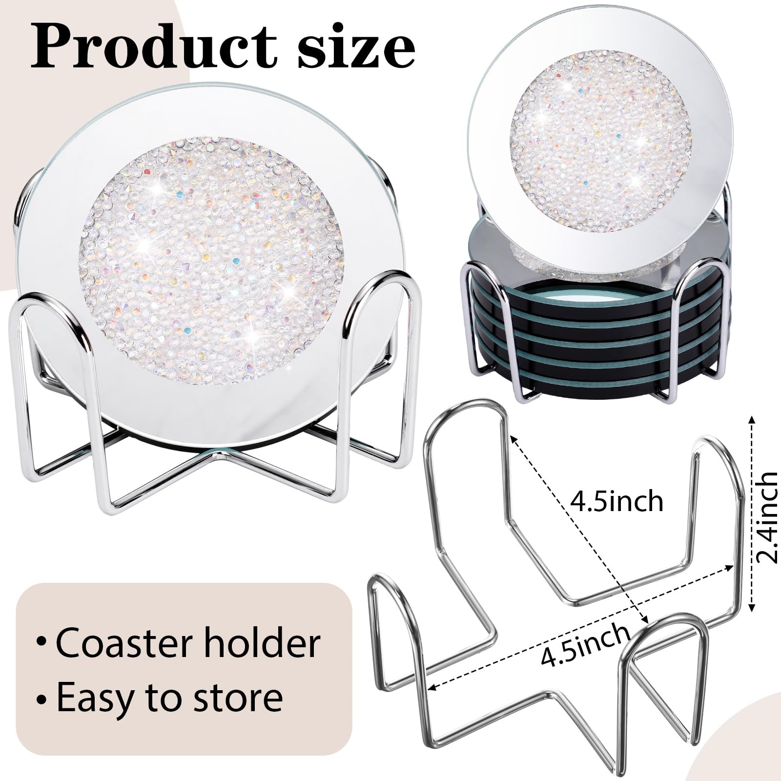 Jetec Mirrored Glass Coaster Set of 6 with 1 Holder 4" Crushed Diamond Round Cup Mat Glitter Crystal Rhinestone Glass Coaster Bling Table Decor for Bar Kitchen Gift for Christmas(White,4 Inch) - Image 3