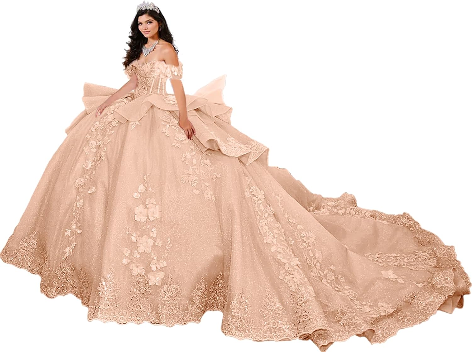 Puffy Appliques Quinceanera Dresses with 3D Flowers Glitter Sweet 15 16 Dresses Ball Gown with Bow HU008