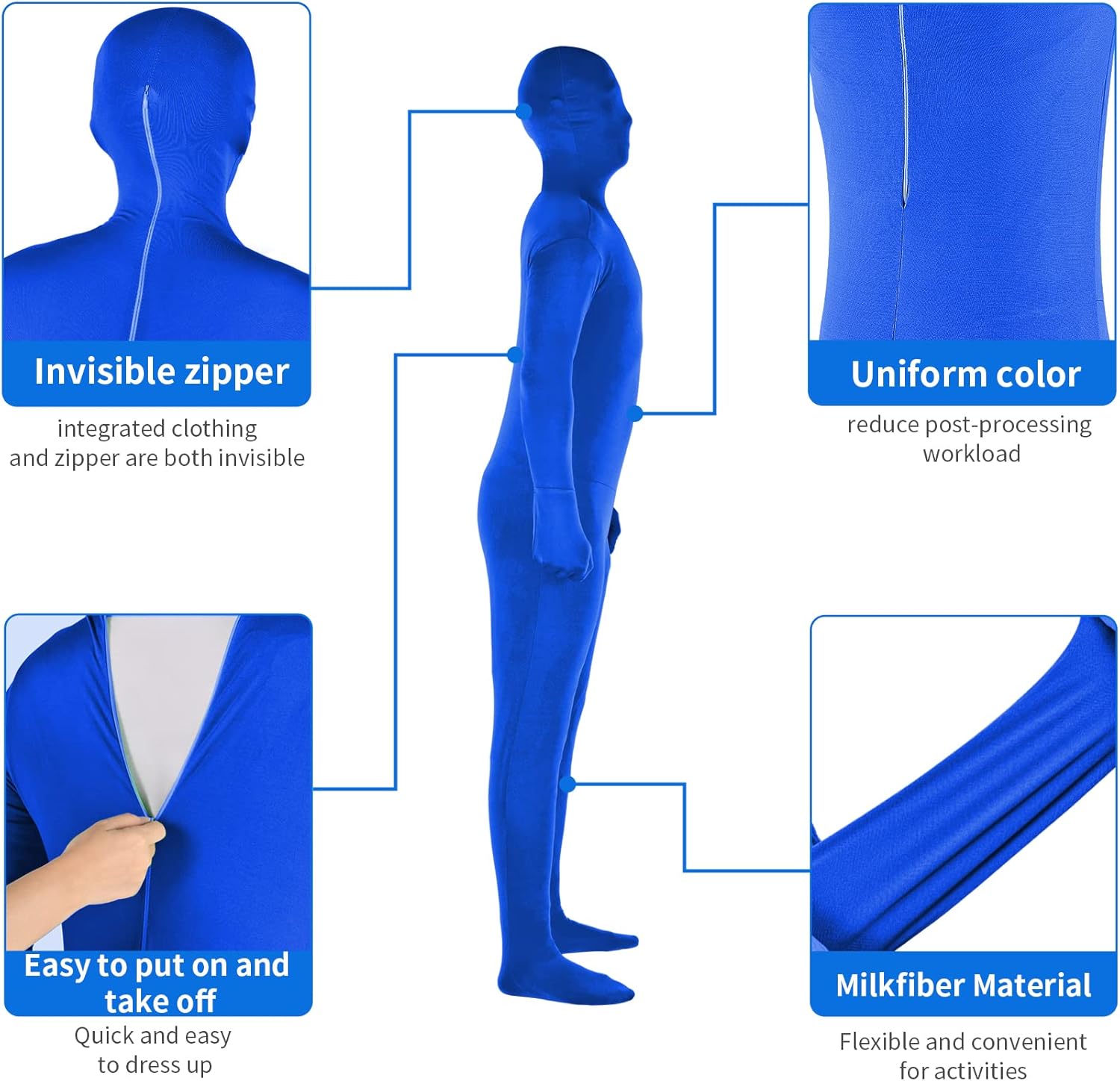 Meking Blue Chromakey Body Suit Full Body Blue Screen Suit for Photo Video Invisible Effect, Full Bodysuit Unisex Body Suit Rayon Costume for Funny Disappearing Effect Party Shows Sporting Activities