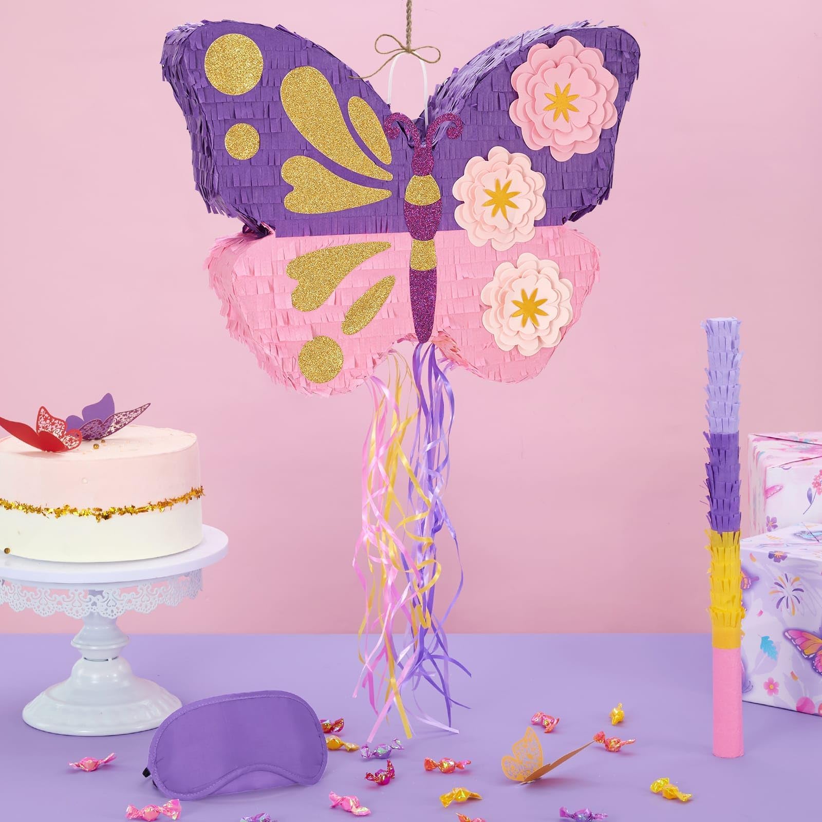 WERNNSAI Farfalla Pinata – farfalla compleanno pinata decorazione ragazza bambini rosa viola fiori piñata con bastone maschera occhi nappa coulisse festa di compleanno decorazione divertente piñata