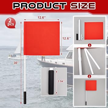 2 Pcs Red Boat Flag with Pole, 30 Inch, 12.6 x 12.6
