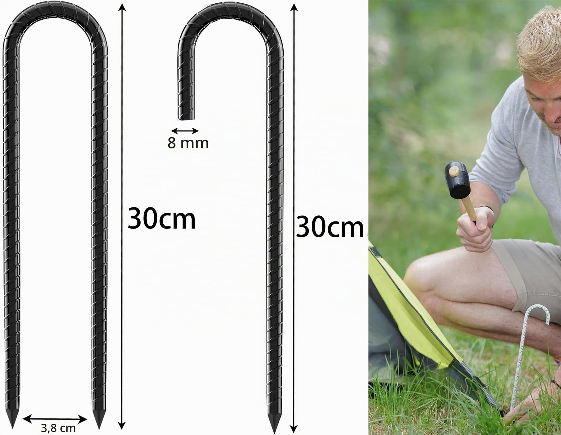 Lot de 8 piquets d'ancrage au sol galvanisés - En acier galvanisé - En forme de J - Pour plantes, camping, tentes, trampoline (30 cm, noir) Lot de 8 piquets d'ancrage au sol galvanisés - En acier