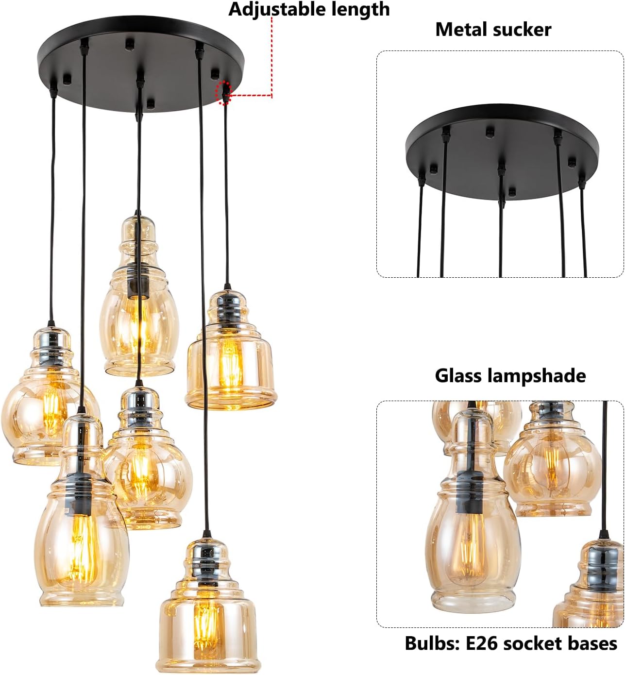 Glass Pendant Chandelier for Dining Room, Hanging Modern Cluster Globe Pendant Lighting, 6 Lights Barn Ceiling Kitchen Island Light Matte Black Gold Finish for Foyer,Hallway, Bedroom