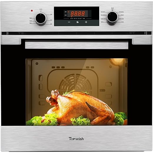 24 Inch Wall Oven, TOPWISH Electric Single Wall Ovens, 2.3 Cu.ft. Built-in Wall Oven with Convection, Touch Control, 9 Cooking Functions, Timer, Stainless Steel Ovens for Kitchen