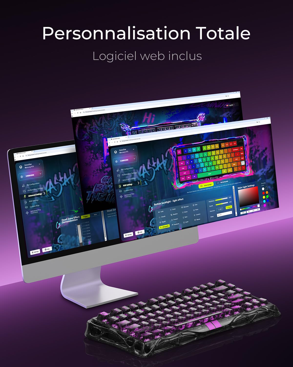 GravaStar V75 Lite Clavier Gamer Magnétique Hall Effect - 4000Hz Rapid Trigger - Activation Ajustable 0,01mm - Clavier Gaming 75% avec Switchs Hot-Swap et Éclairage RGB Transparent | pour PC & Mac