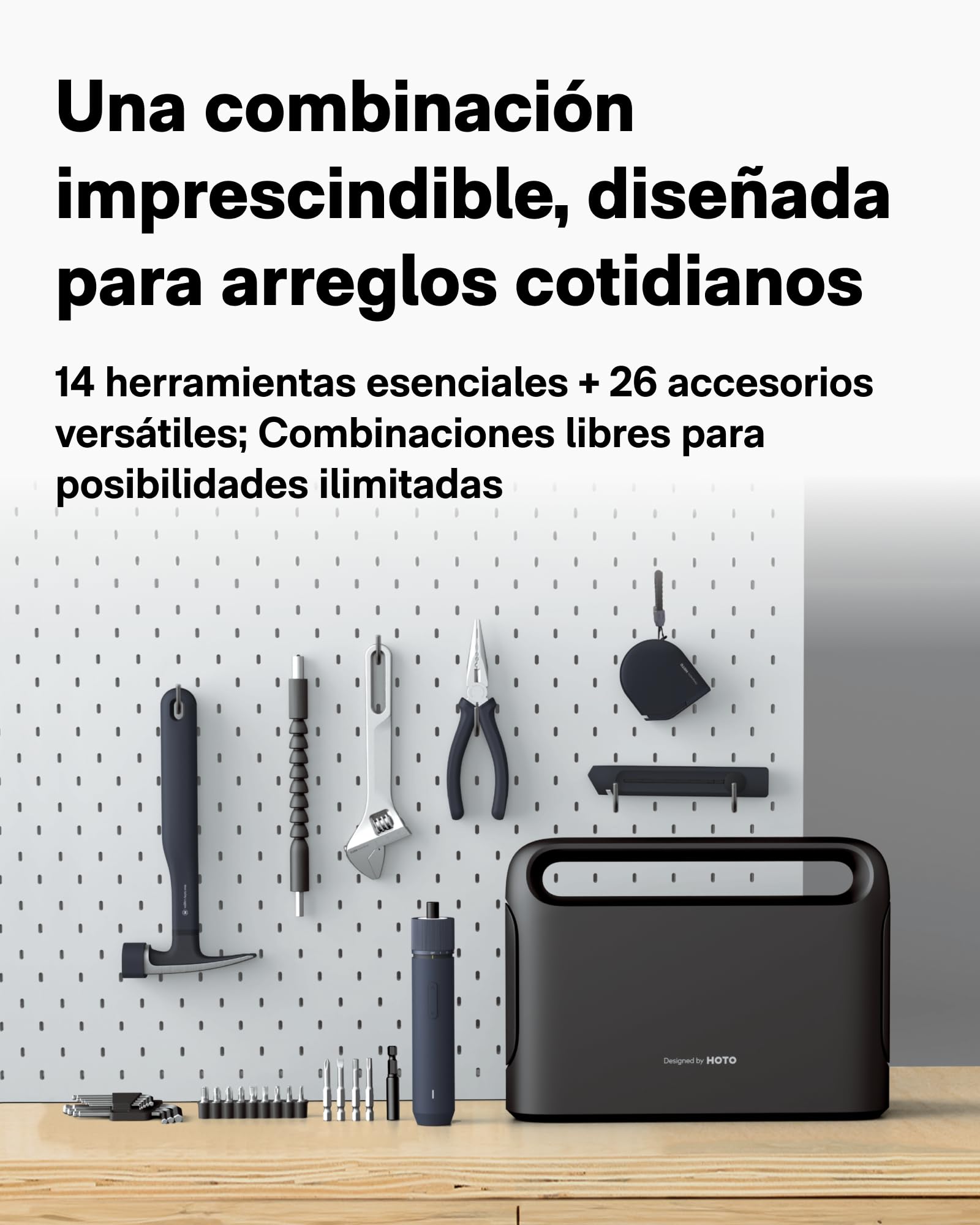 HOTO Kit Herramientas 40 Piezas - Caja de herramientas completa con destornillador electrico (LED, 3 par) + 14 herramientas y 26 accesorios，Organizador profesional para hogar y bricolaje