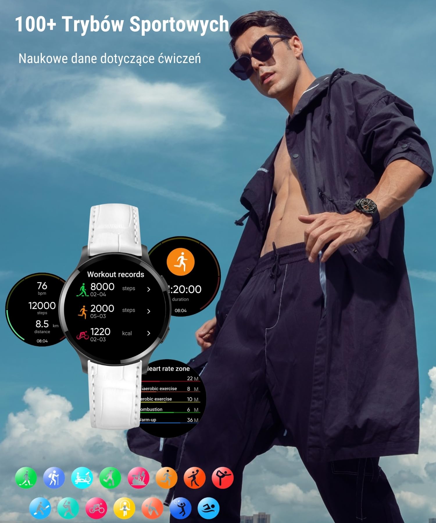 Smartwatch damski z funkcją telefonu, 1,5" zegarek fitness na rękę, zegarek sportowy z pulsometrem, sterowanie muzyką, krokomierzem, kalorii, wodoszczelny tracker fitness (Z-biały/skóra, 1.5")