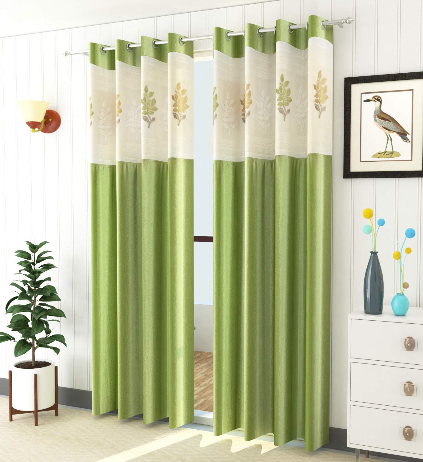 STAR DECORLong Crush with Floral Net Patch Polyster Curtain - 5 feet Window, Green [1 Piece]
