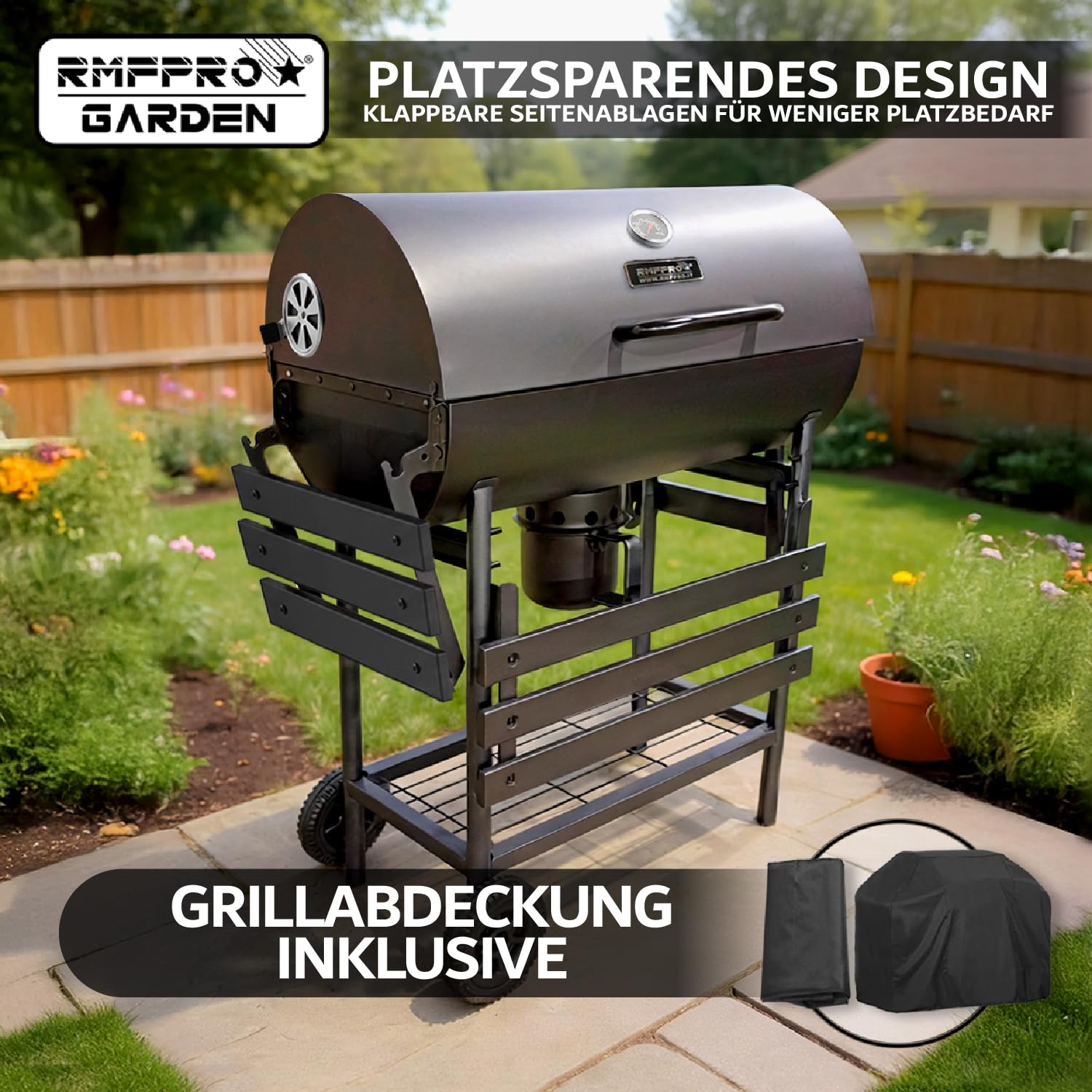 RMF Holzkohlegrill mit XL-Grillrost und integriertem Thermometer - Inklusive Zubehör-Kit und Abdeckung, robuster Stahlwagen mit Rädern, klappbare Seitenablagen, Ascheauffangschale