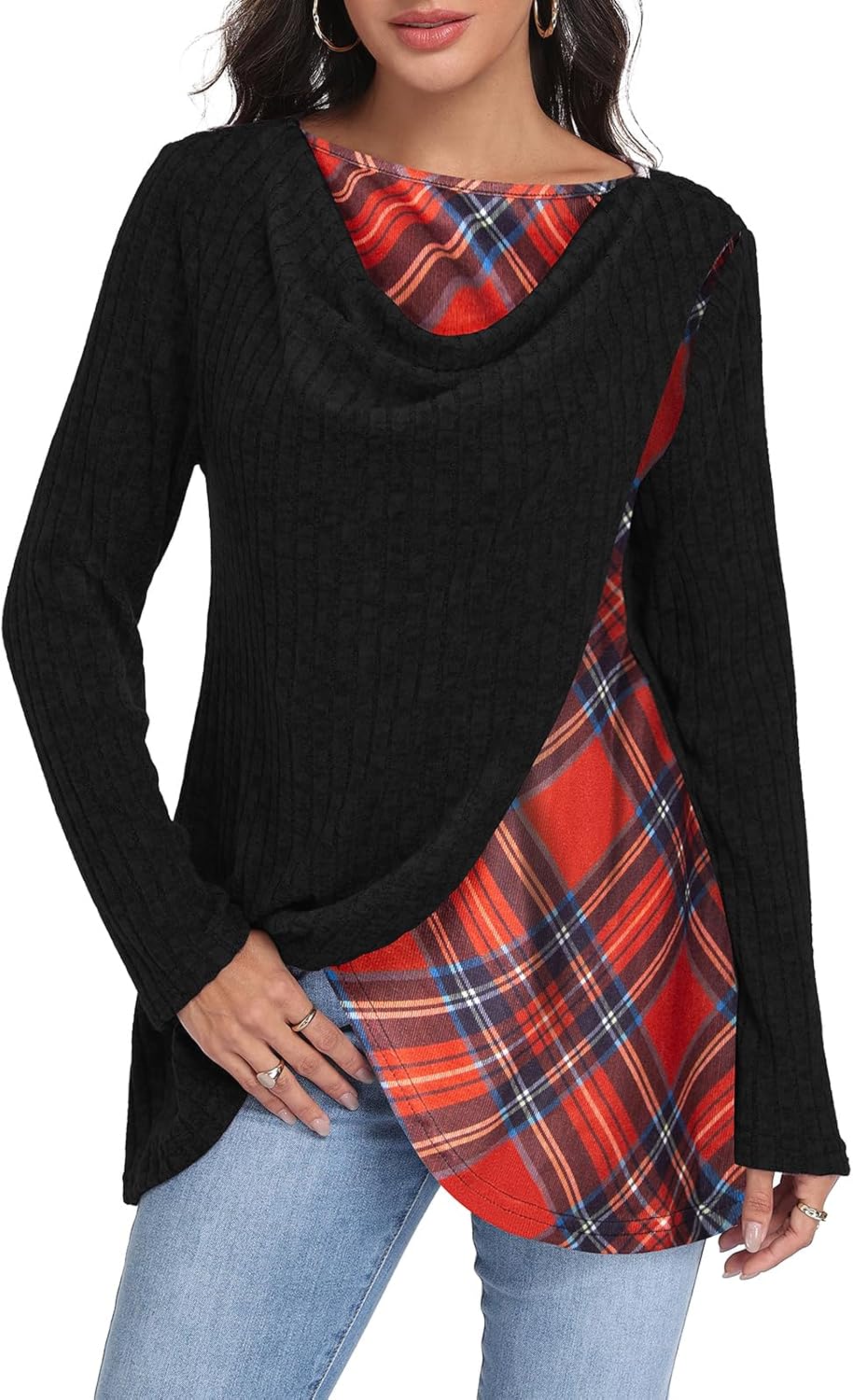 Miusey Women's Cowl Neck Tunic Sweater Long Sleeve Knit Pullover with Plaid Patchwork for Fall Winter Casual & Christmas Wear