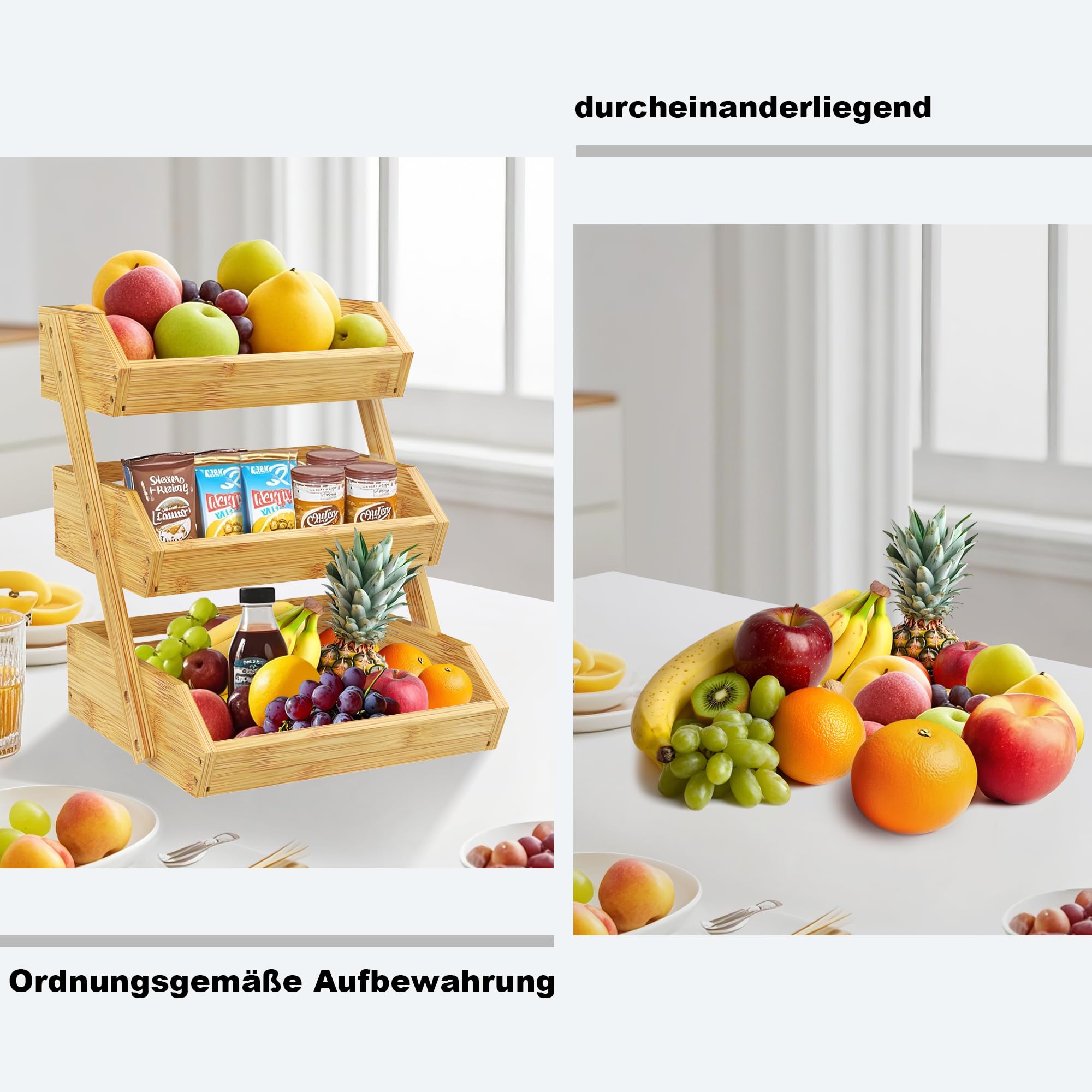 ADEL DREAM Bambus-Obstkorb 3-stöckiger Servierkorb Obstschale und Natürliches Aufbewahrungskorb-Regal Snack-Ausstellungsständer perfekt für Obst Gemüse Snacks Haushaltswaren und mehr Bambus