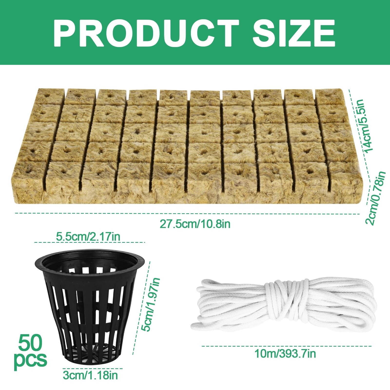 Set di 100 vasi a rete, per coltura idroponica, include 50 tazze a rete scanalate da 5 cm e 50 cubi per piantare in lana di roccia con stoppino autoirrigante da 10 m, per acquaponica per