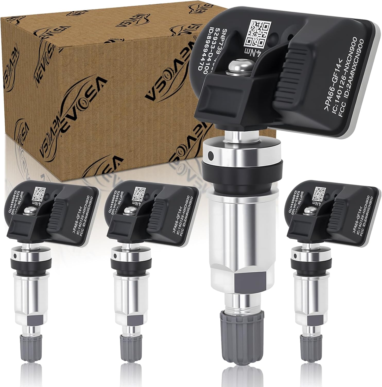 Four NEVOSA TPMS sensors and their packaging box.