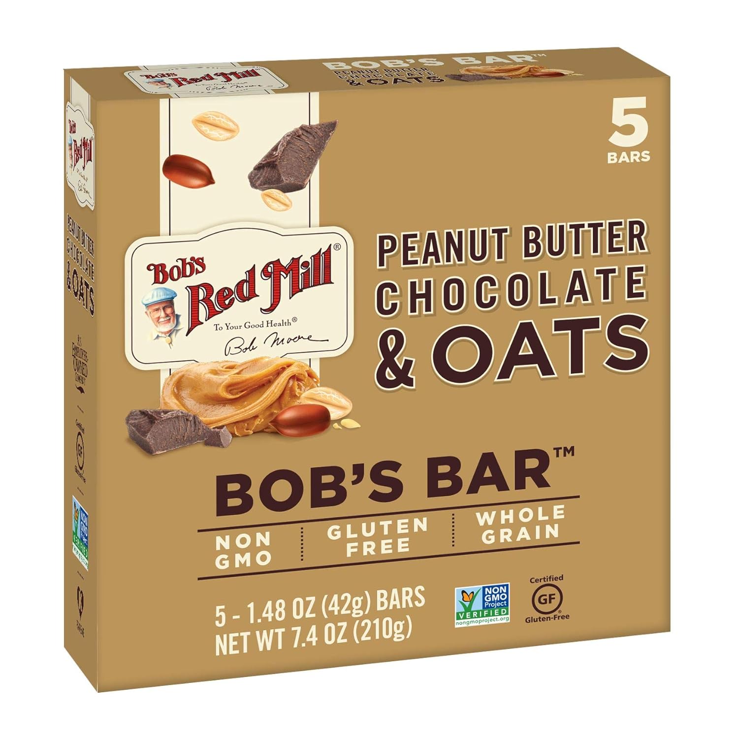 Bob's Red Mill 5pk PB Chocolate & Oats Bar, 5 bars (Pack of 6) - Non GMO, Kosher