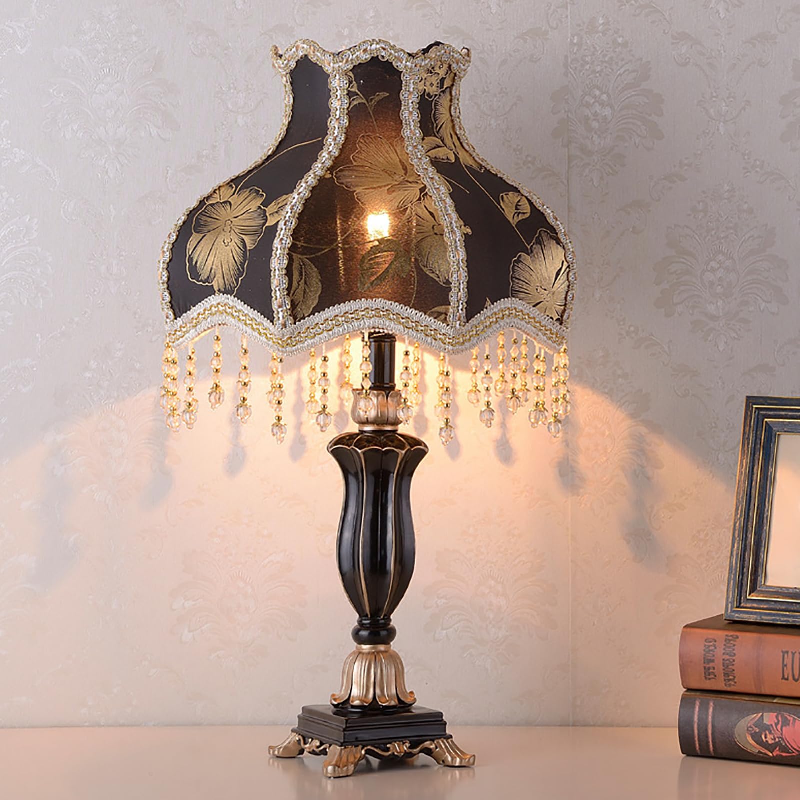 SXDMOUBK Victorian Style Table Lamp, Antique Fabric Table Lamp, European Nightstand Lamp, Decorative Desk Lamp, Floral Table Light with Fringe, Bedside Light for Bedroom Living Room Button Switch(H)