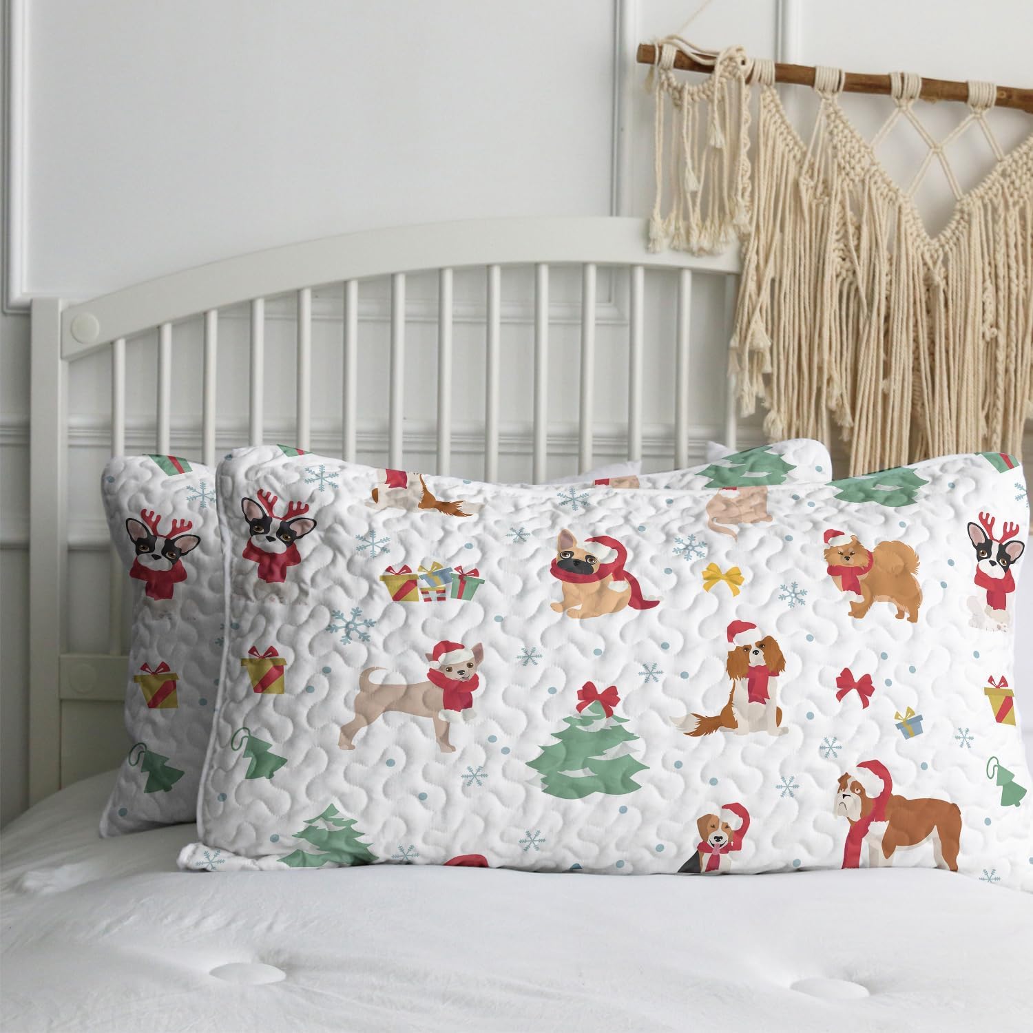 BlessLiving Dog Christmas Quilt Set Full Size, Kids Cute Puppy Xmas Theme Bedspread-size80 x90, Soft Lightweight Coverlet, Bed Cover for All Seasons-3 Pieces, Includes 1 Quilt, 2 Shams