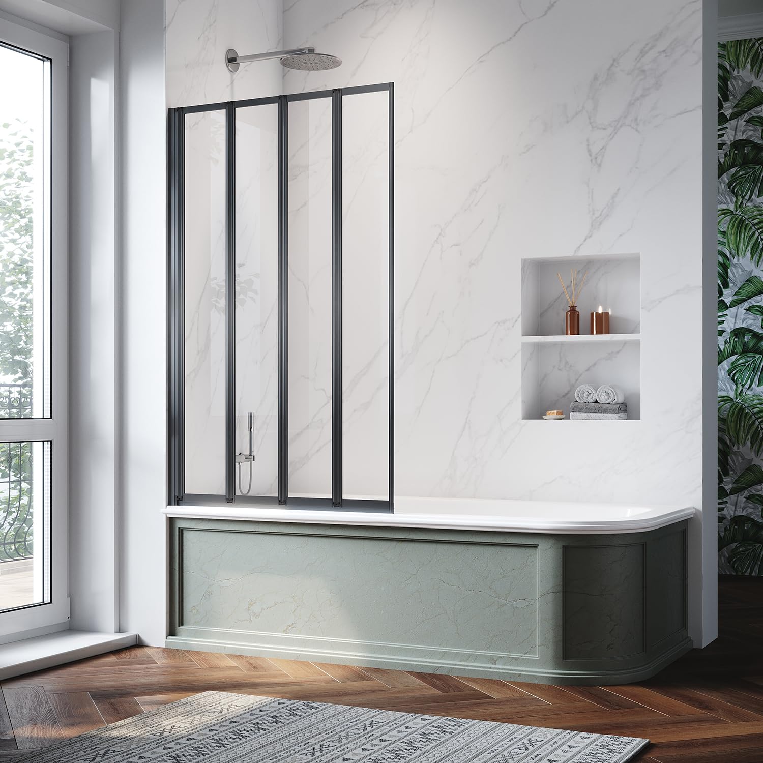 ZANOFIRA 1000mm 4 Fold Bath Shower Screen Black Framed Over Bath Shower Screen 4mm Toughened Safety Glass Folding Bath Screen Pivot Swing Bath Panel Reversible Bath Screen for Straight & Curved Baths