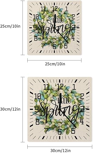 Miniatura 7 de Hello Spring Wooden Wall Clock Silent Non Ticking, Teal Tulip Flower Wreath Botanical Aesthetic Square Wall Clock Battery Operated, Decor Clock for