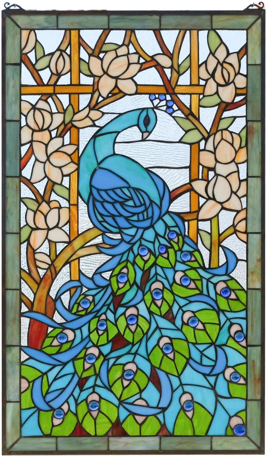 20.5" x 34.75" Large Hanging Tiffany Style Stained Glass Peacock Window Panel