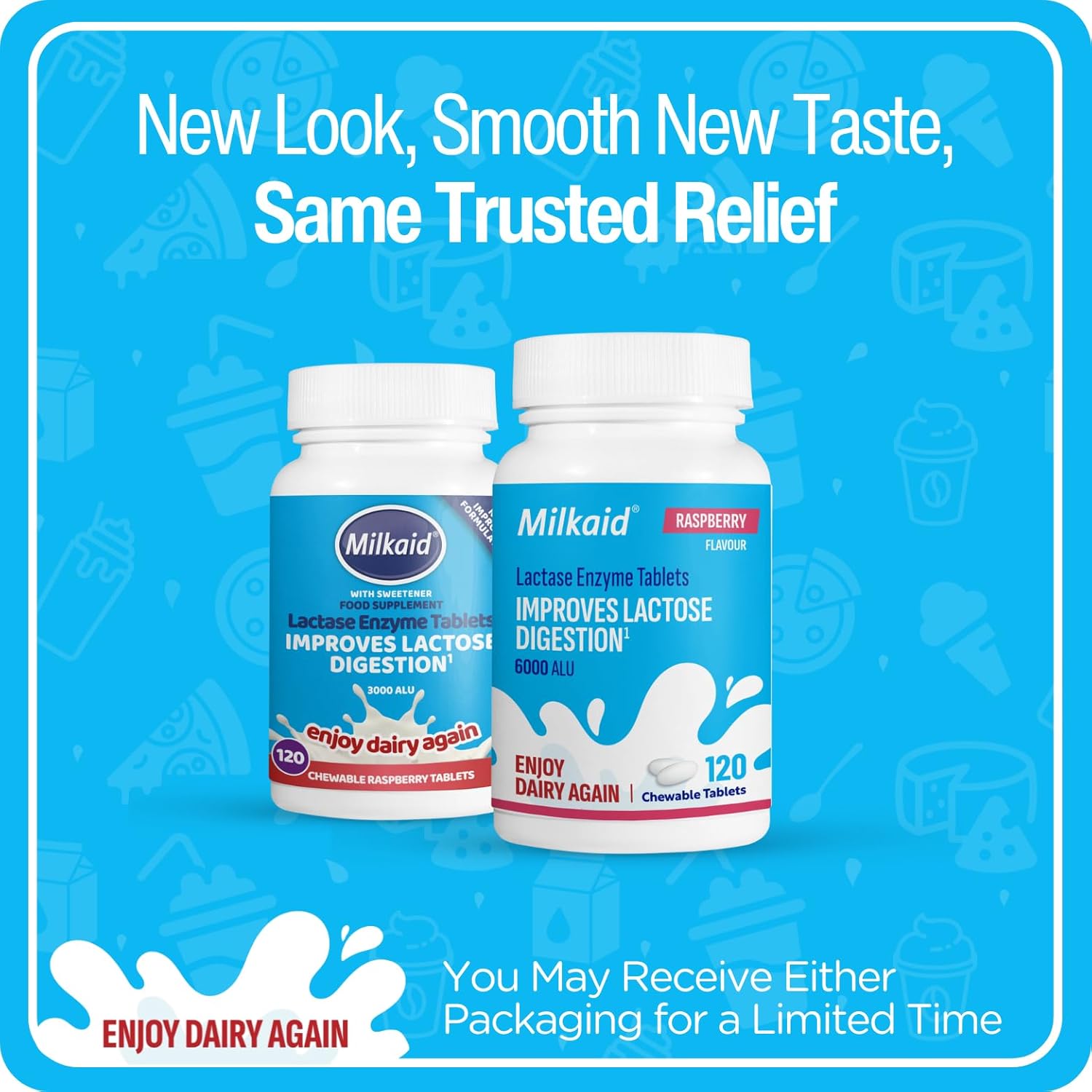 Milkaid Lactase Enzyme Chewable Tablets for Lactose Intolerance Relief | Prevents Gas, Bloating & Diarrhea | Fast Acting Dairy Digestive Supplement (120 Tablets, Raspberry) - Image 2