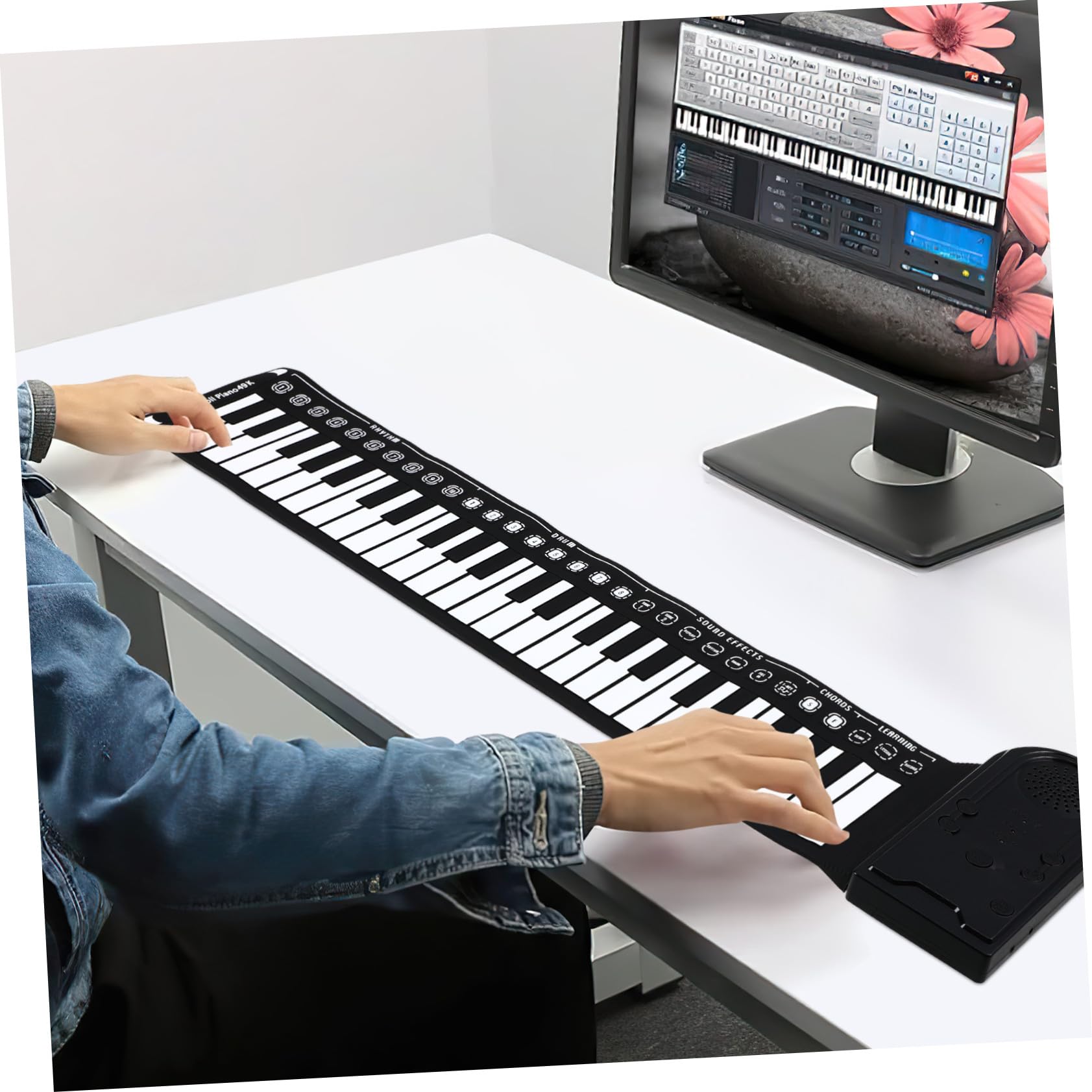 Pianoforte Nero Portatile Pieghevole Elettrico 49 Tasti | Tasti Arrotolabili, Silicone, Altoparlante Integrato, Cavo USB Dc 6v, Alimentazione 3 Batterie Aa