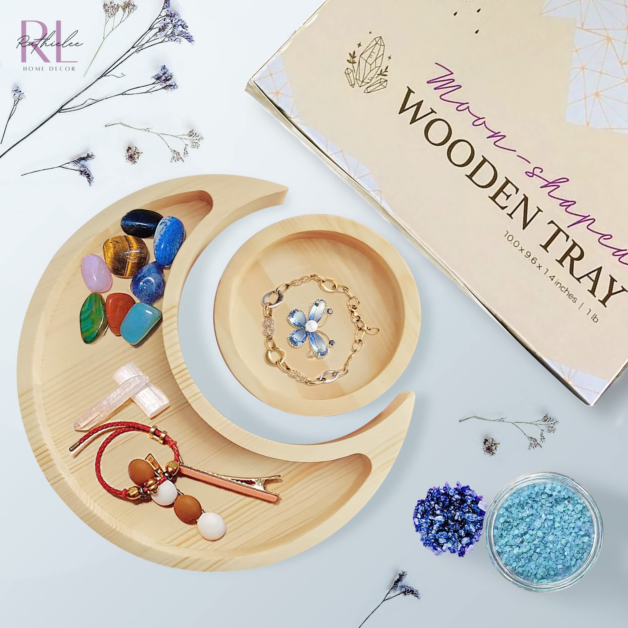 Ruthielee Moon Tray – Beautiful Crystal Storage – Natural Wooden Tray for Crystal Stones – Crescent Moon Crystal Display Tray - Pinewood Moon Holder for Crystals, Essential Oils, Jewelry
