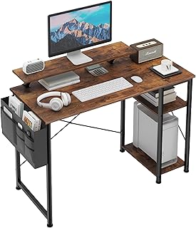 Mexin 39 Inch Computer Desk with Monitor Stand & 2-Tier Storage Shelves, Home Office Writing Desk Study Table Workstation, Rustic Brown