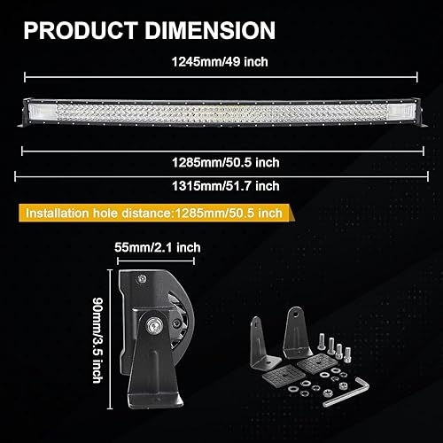 Miniatura 5 de RIGIDON Barra de luz LED curvada de 50 pulgadas y 648 W, triple fila de inundación, combo de 64800 lm, barra de luz LED impermeable para conducción
