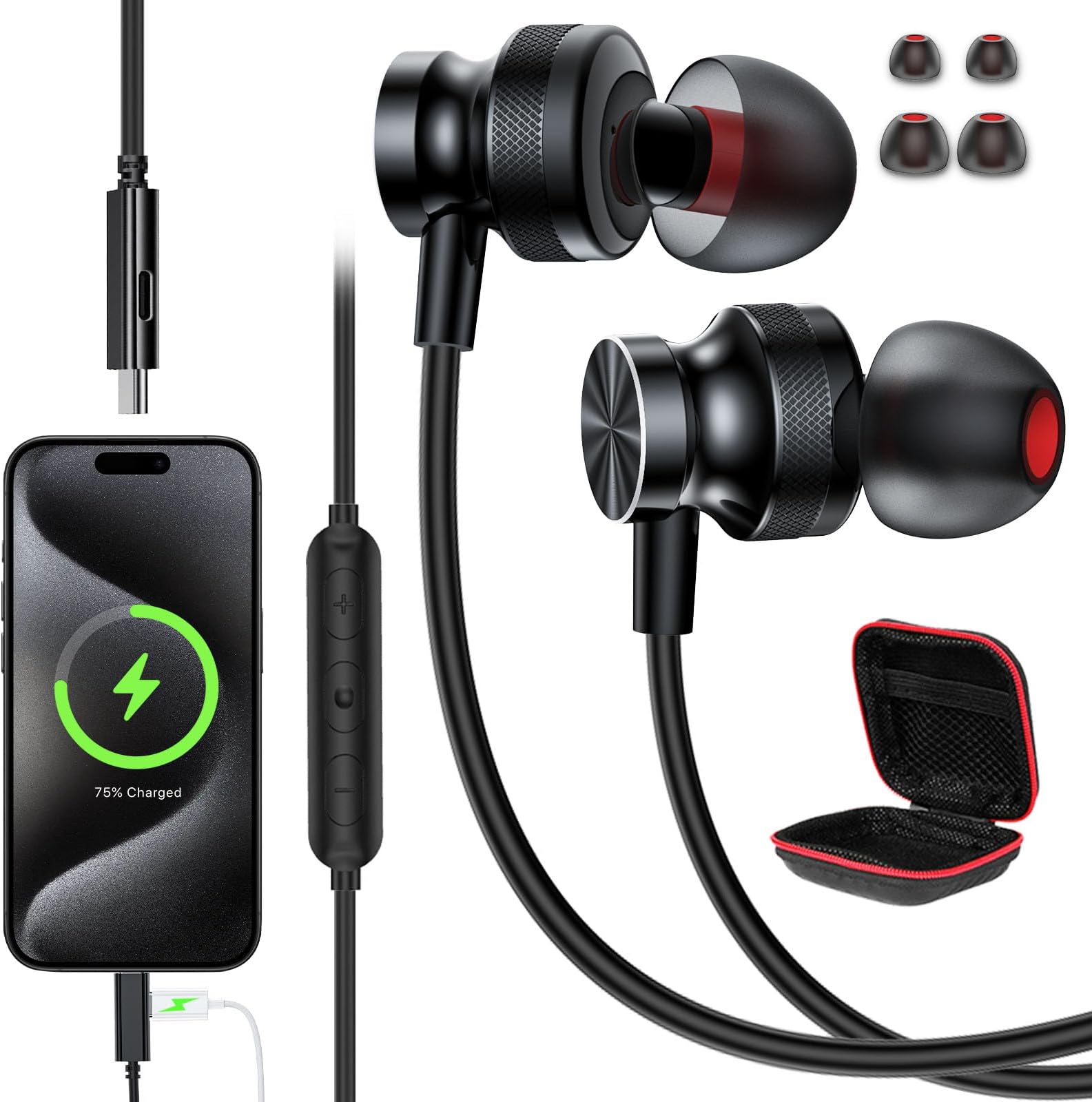 APETOO USB C Headphones with Charging for iPhone 17 16 15 Pro Max/iPad, Magnetic USB-C Wired Earbuds Noise Canceling in-Ear Earphones with Mic Volume Control for Samsung S26 S25 S24 S23 S22 Pixel 10 9