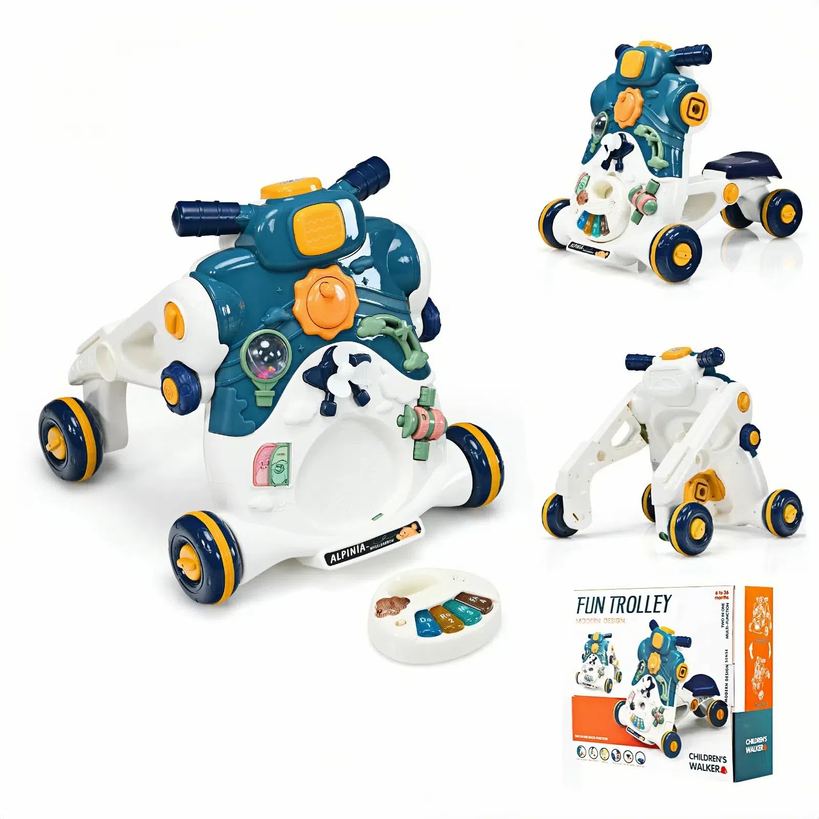 COSTWAY 3 in 1 Primi Passi Cavalcabile Spingibile, Giocattolo Educativo con Musica e Luci, con 4 Ruote Antiscivolo, Ideale per Bambini 6-36 Mesi (Blu)