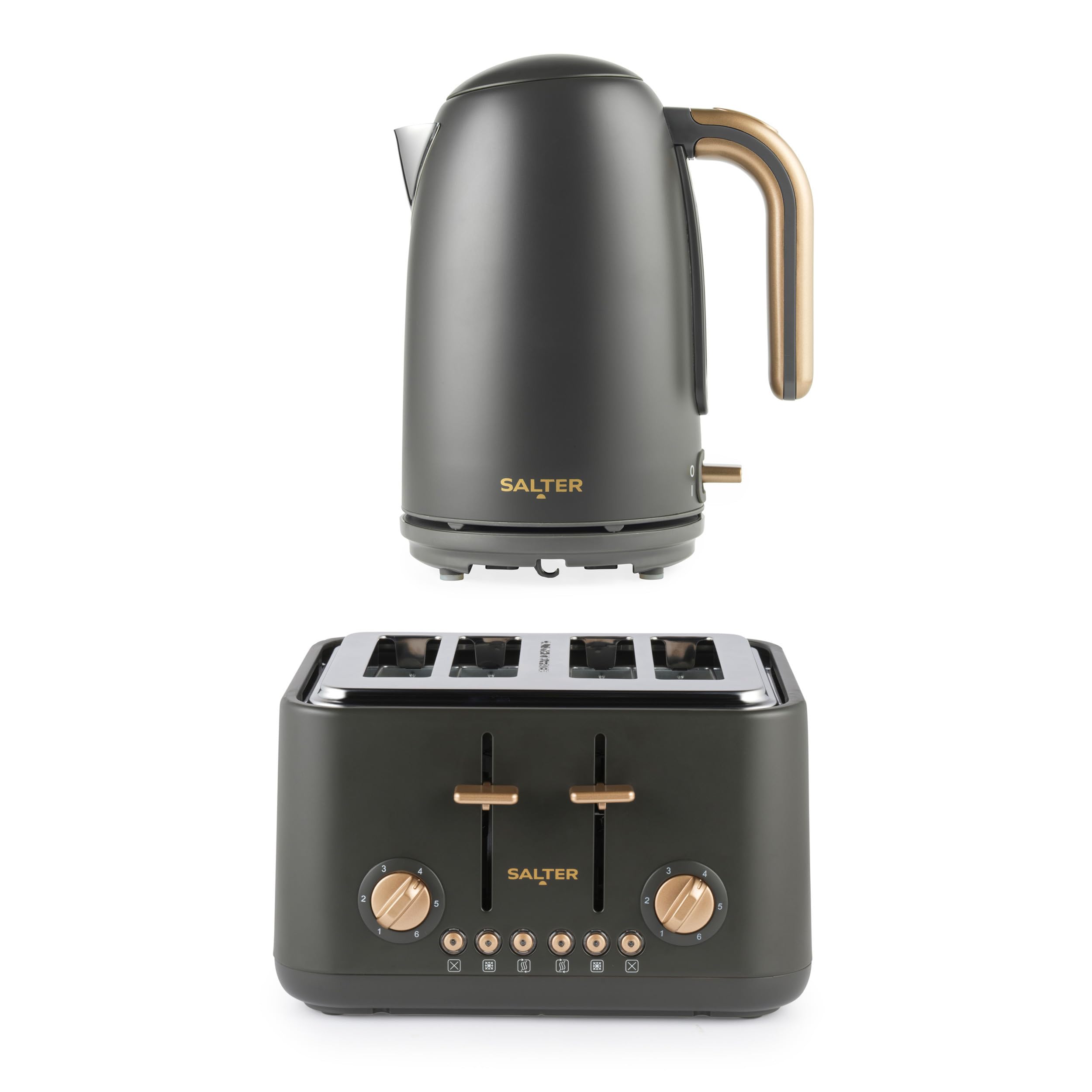 Salter Pebble Kettle & 4-Slice Toaster Set – 1.7L Fast Boil Kettle, Removable Limescale Filter, Boil-Dry Protection, 4-Slice Wide Slot Toaster, 6 Browning Levels, Removable Crumb Tray, Charcoal