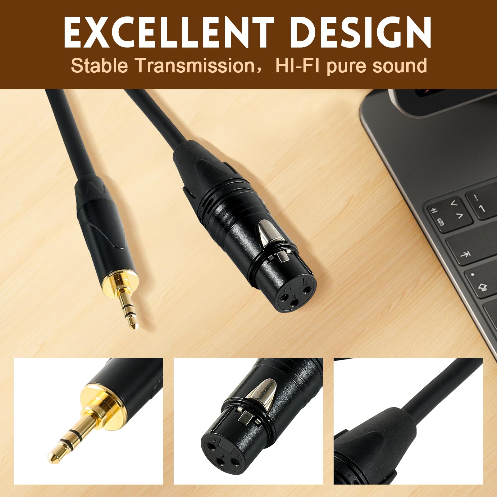 Cable de micrófono XLR a 3,5 mm, XLR hembra a 3,5 mm TRS estéreo macho, cable equilibrado chapado en oro para cámara, computadora, altavoz, 1 m