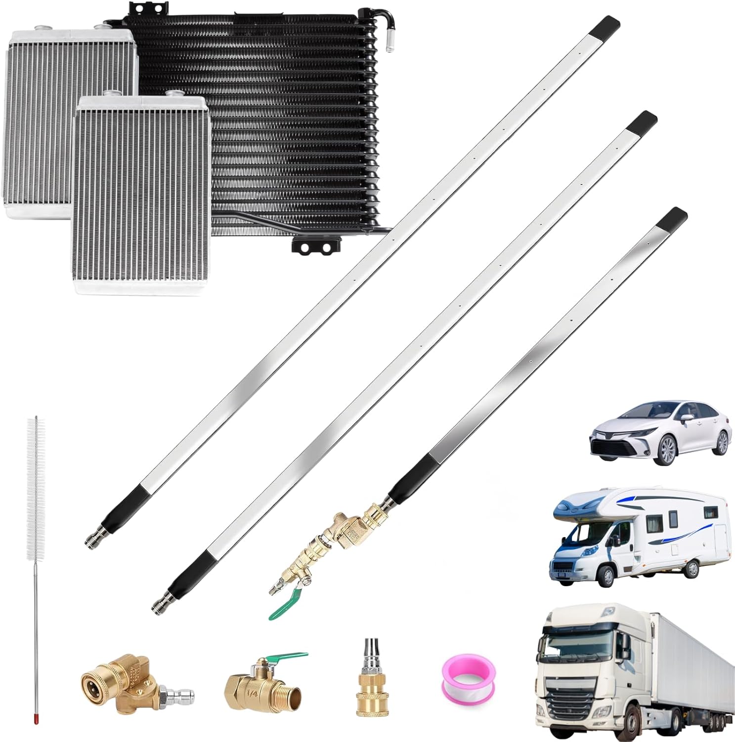 3-Piece Set Radiator Cleaning Wand 47", 40" & 24" - Stainless Steel 4500 PSI Dual Water/Air Radiator Cleaner w/Pressure Washer Gun Adapter, Brush & Tips for Cars, Trucks, RVs, Heavy Equipment