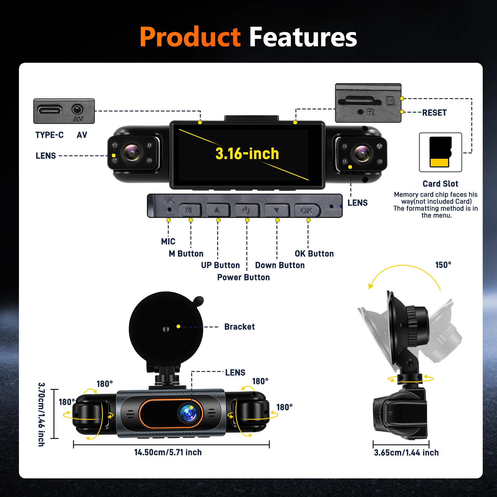 Espejo retrovisor de 4 canales, cámara de 3,16 pulgadas, 1080P, cámara cuádruple para coche, DVR con grabación en bucle, visión nocturna, asistente de aparcamiento, tarjeta TF de 64 GB para