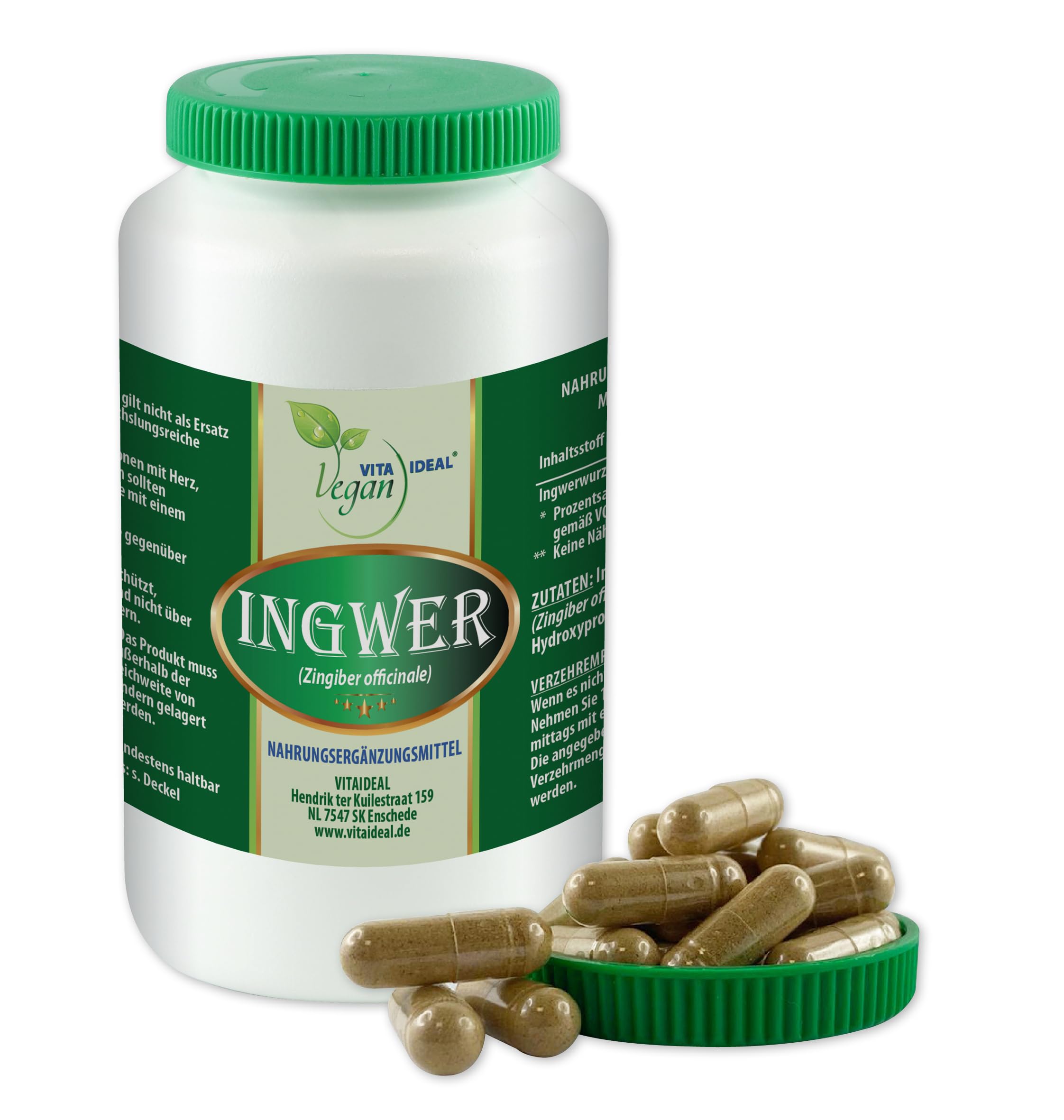 VITA IDEAL Vegan® INGWER - Wurzel 360 KAPSELN - Zingiber officinale - Imbir - Tagesportion 960mg INGWERWURZEL reines Pulver. Pflanzlich, natürlich & ohne Zusatzstoffe