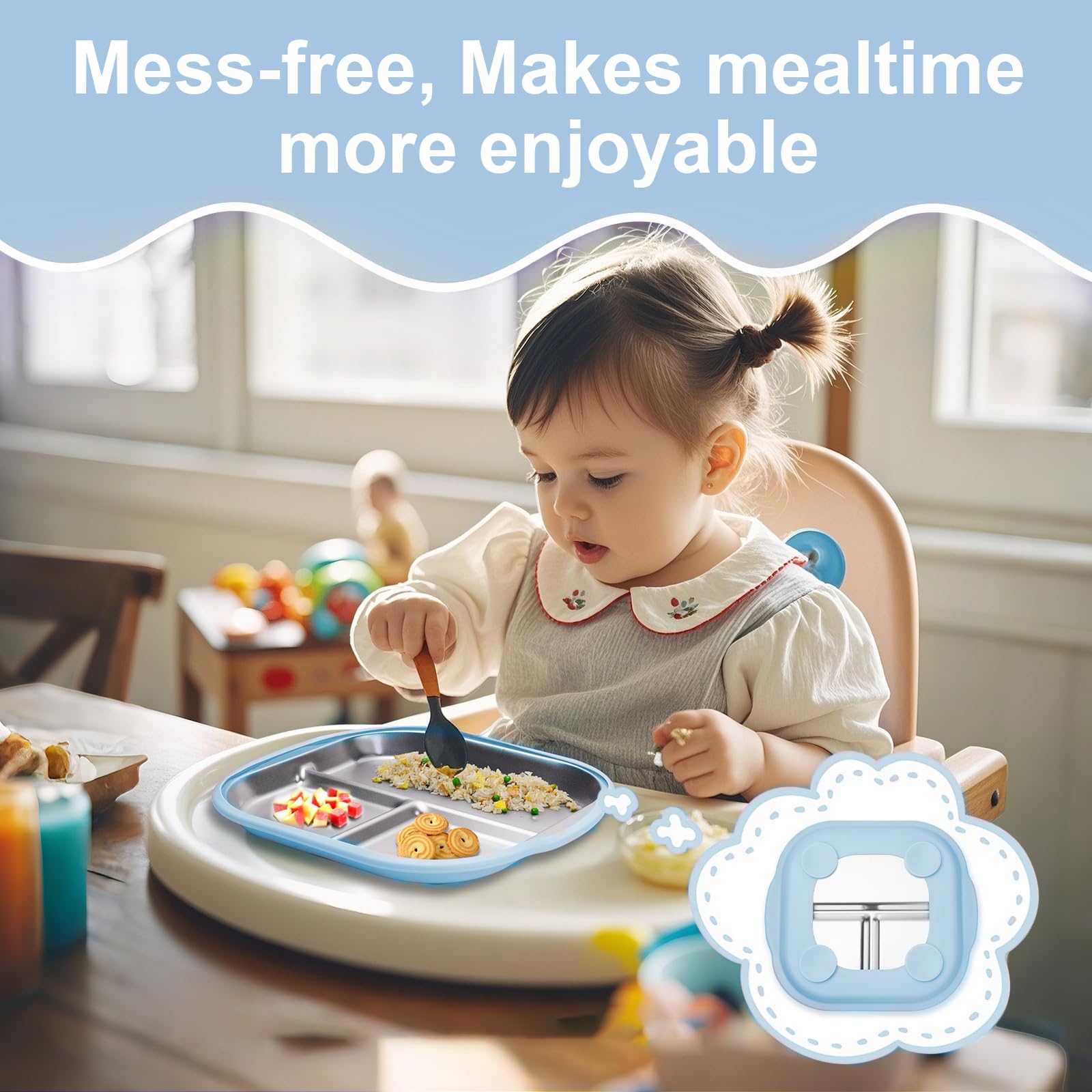 Lot De 2 Assiettes Bébé Avec Ventouses En Acier Inoxydable 304 - 3 Compartiments, Sans BPA, Lavables Au Lave-vaisselle - 12