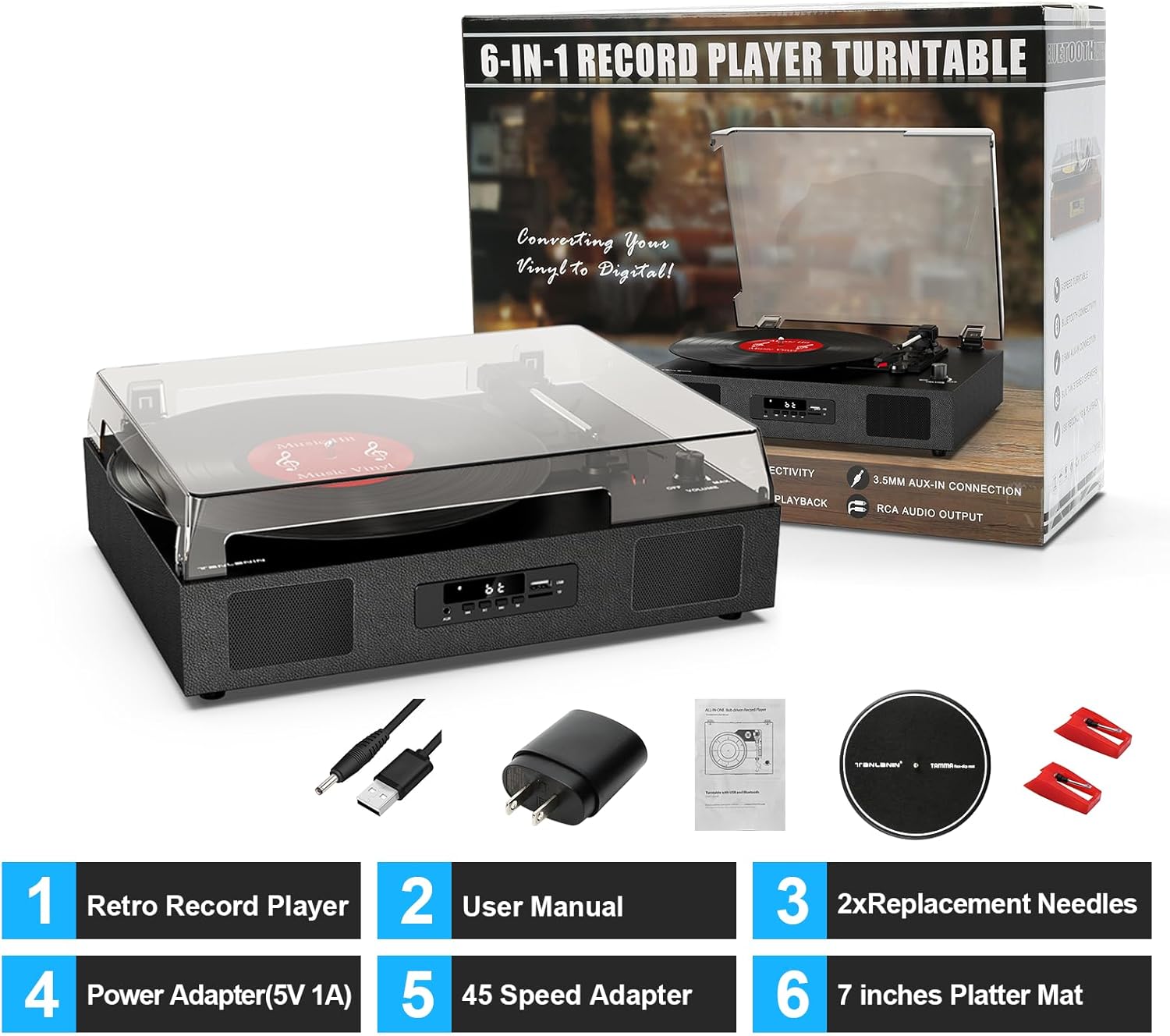 Vinyl Record Player Turntable with Built-in Stereo Speakers, Vintage 3-Speed Turntable for Vinyl Records USB SD Recording with Bluetooth Music Playback,RCA Out and Digital Display, Black