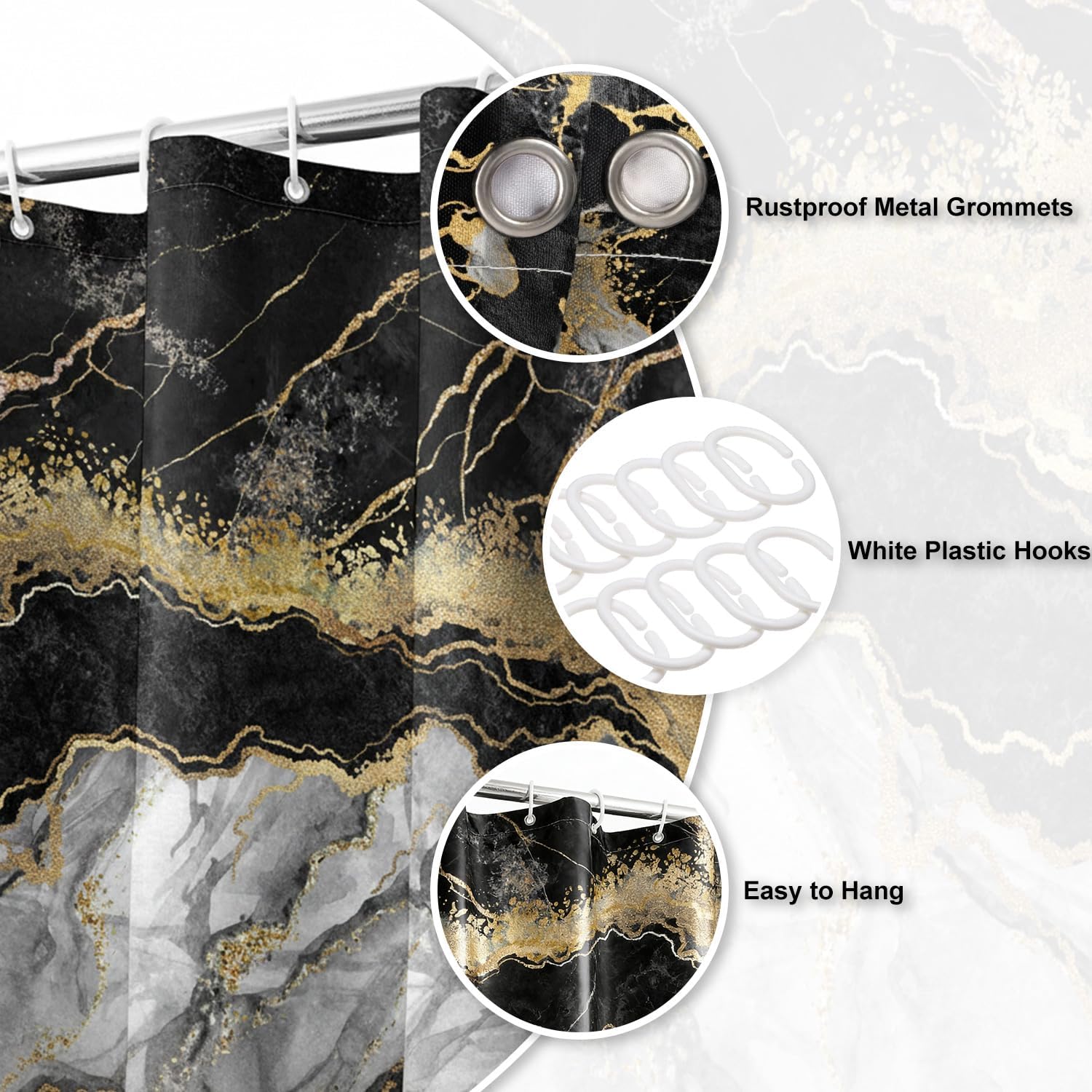 Marble Shower Curtain, Black and Gold Texture Abstract Luxury Shower Curtains for Bathroom Decor Waterproof Fabric Easy Care with Hooks 72x78in
