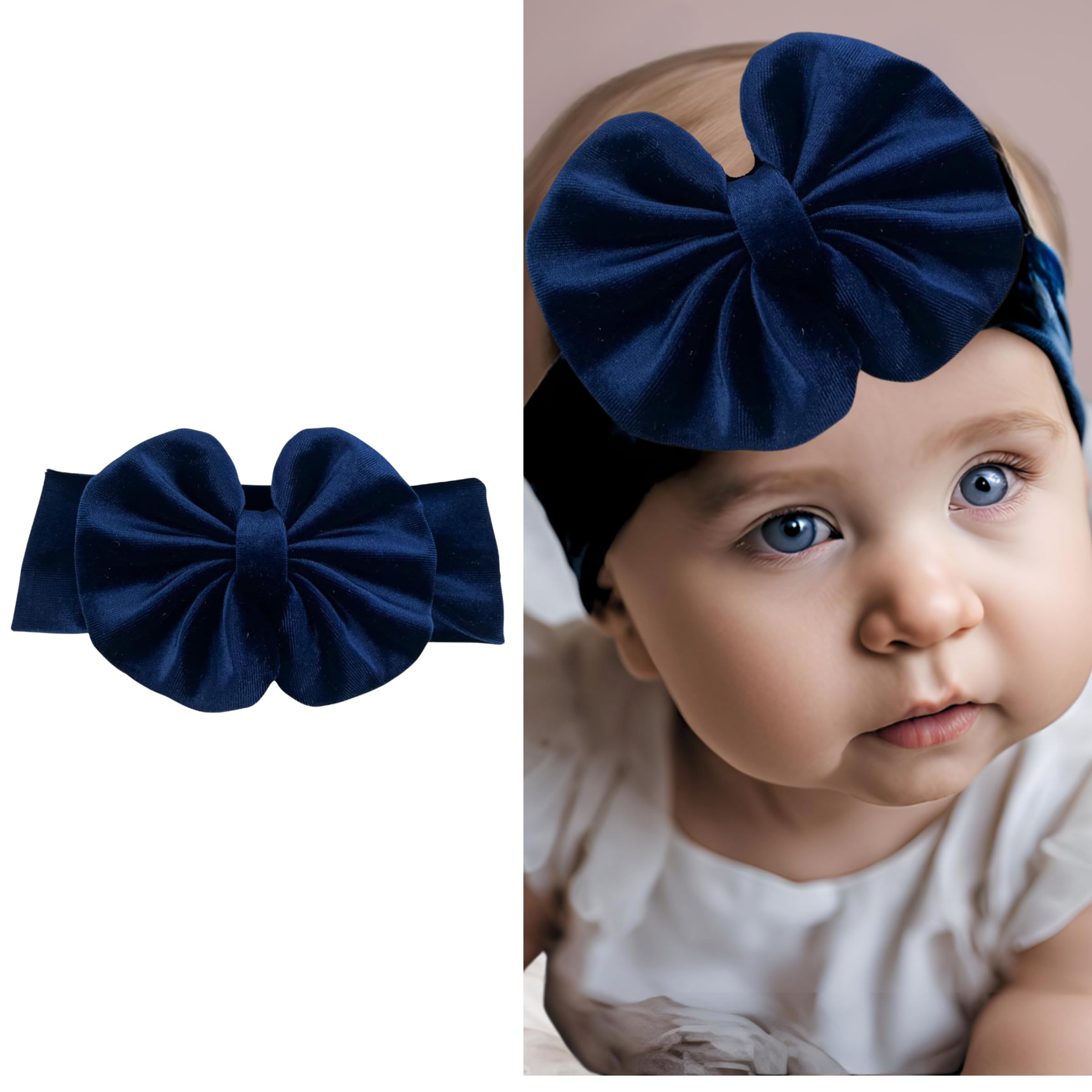 Fascetta per Capelli Neonata con Fiocco in Velluto-Fascia per capelli Bambina (da 3 a 18 mesi) (Blu navy, Da 3 a 18 mesi)